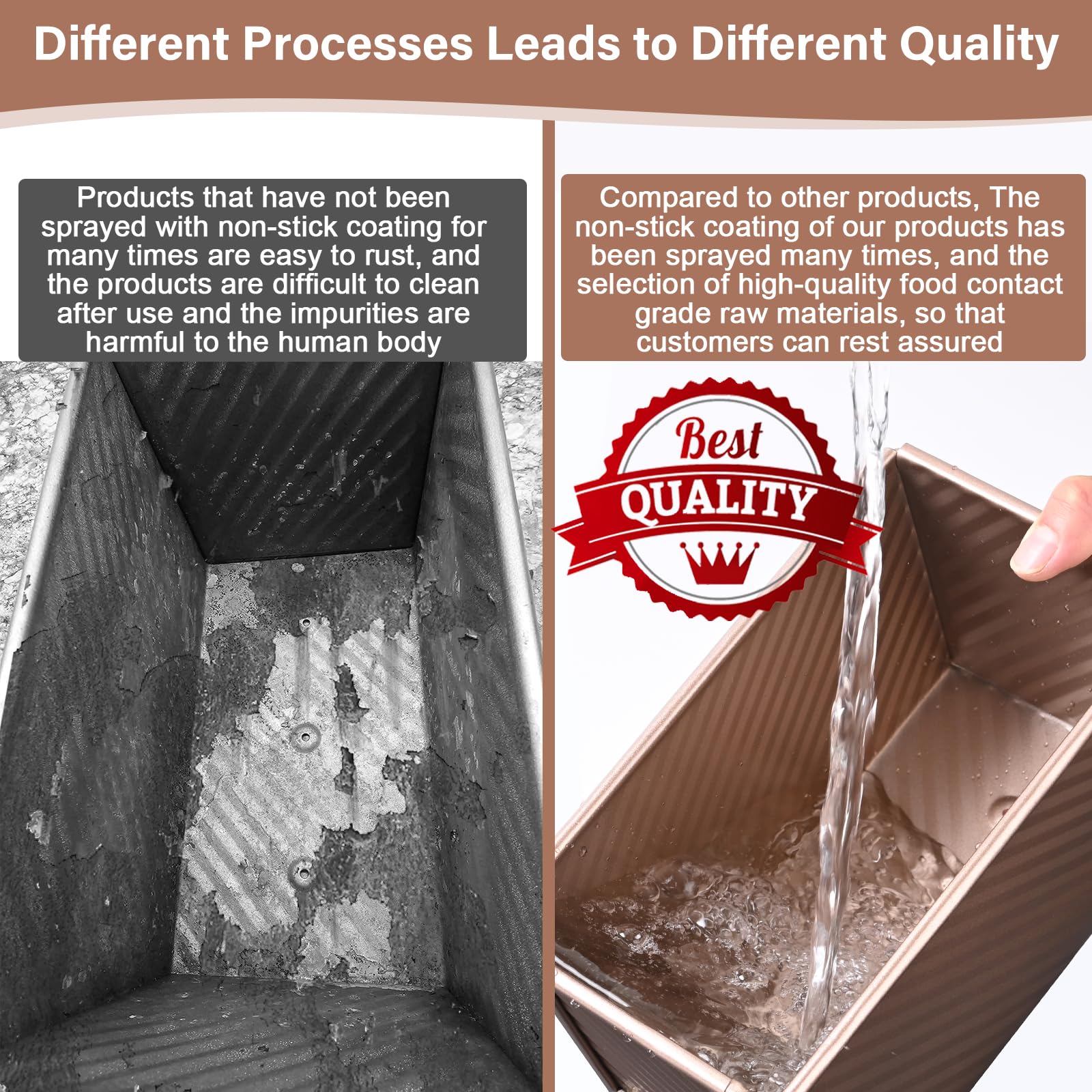 2 Pack Pullman Loaf Pan with Lid, 1 lb/0.5 lb Dough Capacity for Homemade Bread, Non-stick Corrugated Carbon Steel Bread Toast Box with Cover for Bakeware, Sandwich & Toast Oven Baking, Gold - Image 4