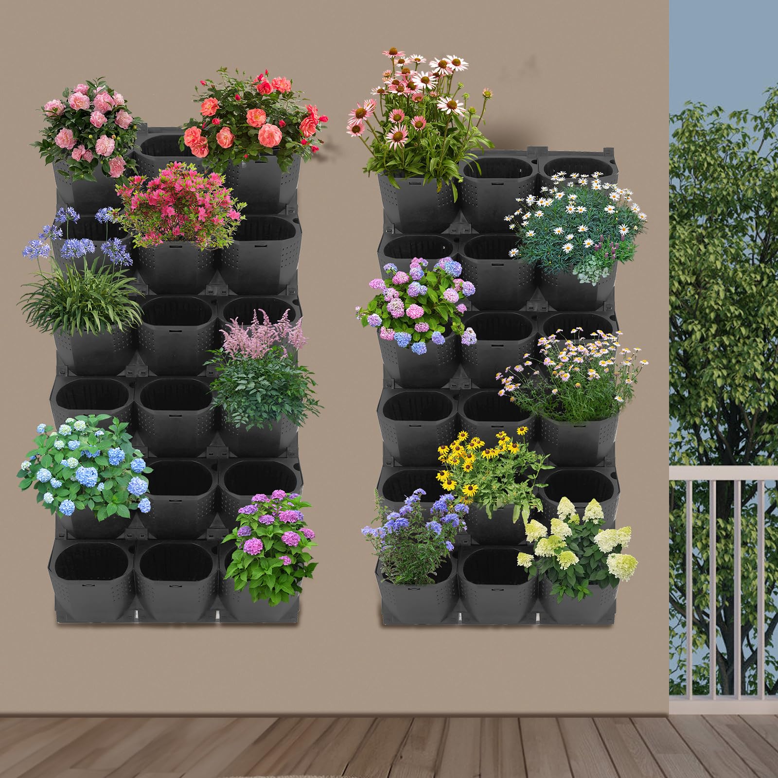 Pianta da parete, vaso da giardino verticale, modulo per piante da giardino, balcone, 36 vasi, 12 pezzi, 50 x 14,5 x 16,6 cm, per interni ed esterni, per fiori, verdure, erbe aromatiche (nero)