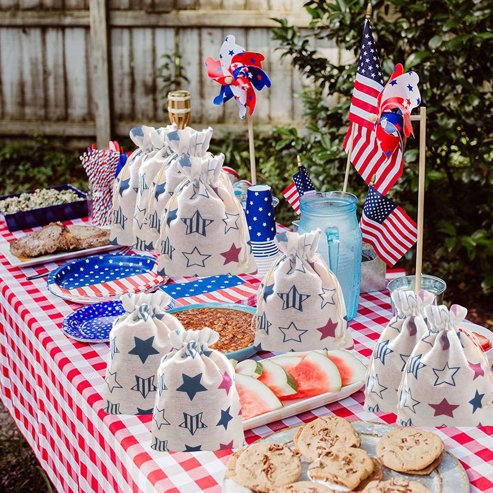 American Flag Patriotic Star Gift Treat Bags Drawstring Gift Bags for 4th of July, Independence Day, Labor Day Party Decorations