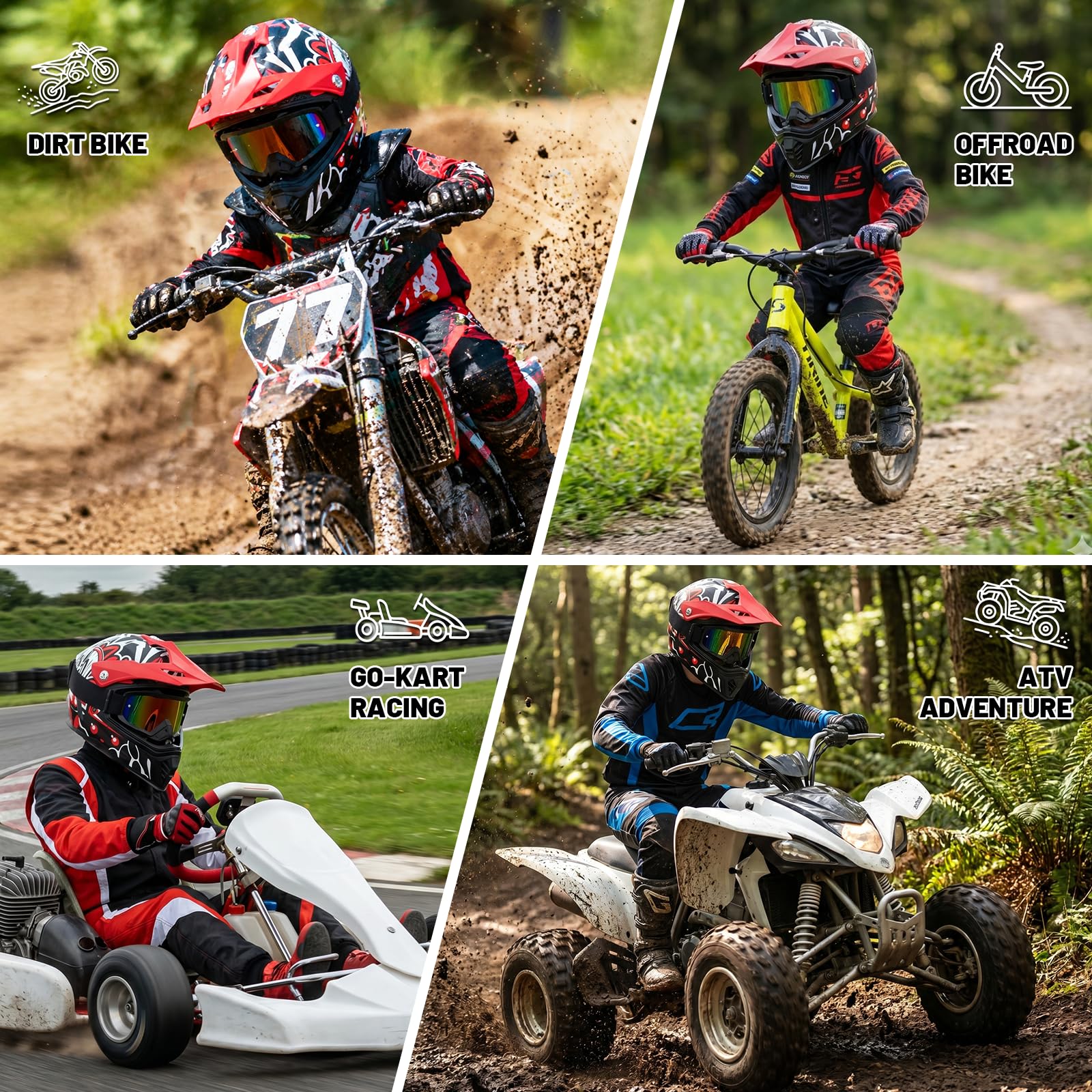 Favoto Casco Cross per Bambini con Occhiali di Protezione – Resistente agli Urti, Certificato ECE 22.06, Casco da Motocross e Dirt Bike, Rosso-Nero S (49–50 cm)