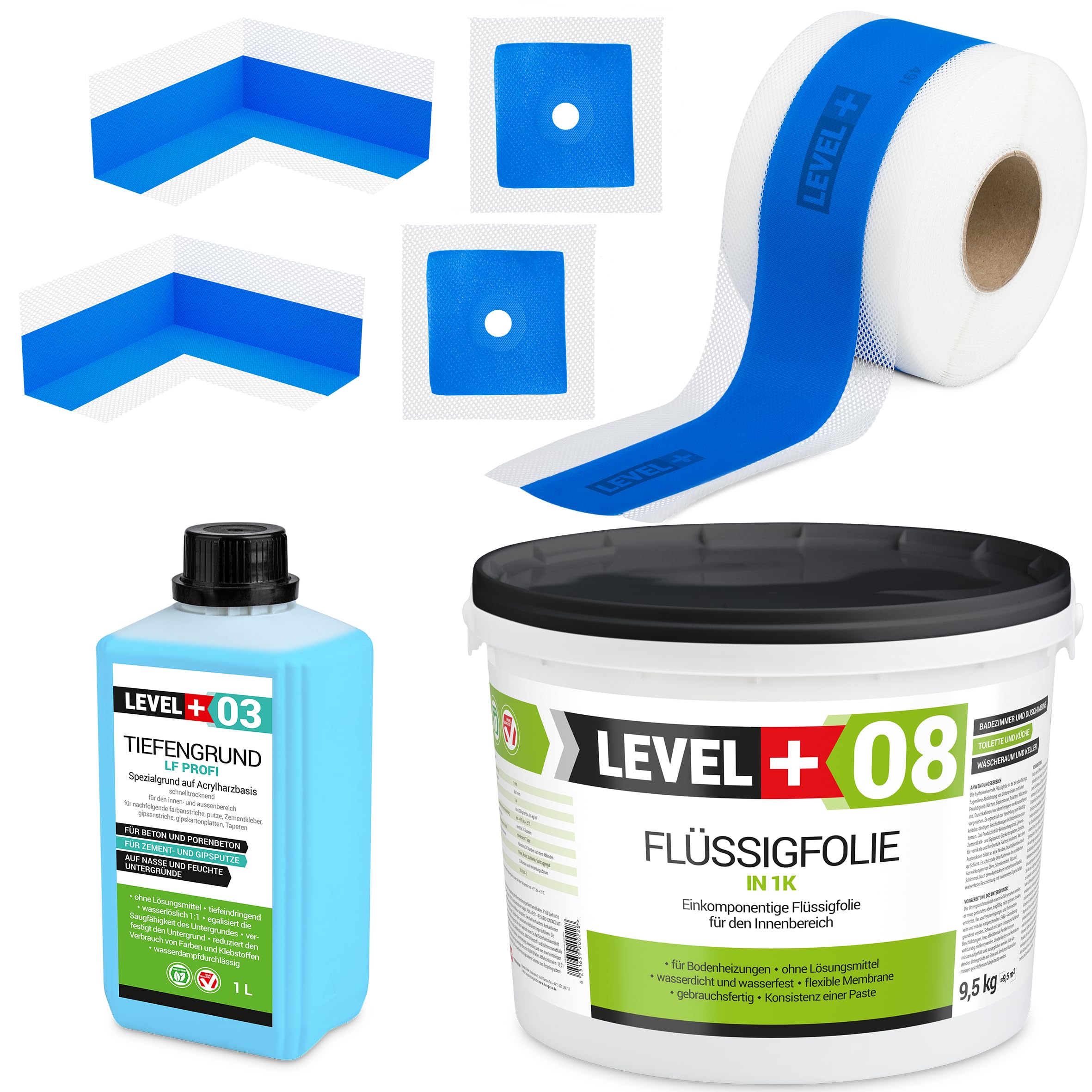 Dichtset 9,5 Kg Flüssigfolie, 2 Innenecken, 2 Wandmanschetten, 5m Dichtband, Tiefengrund 1 L Abdichtungsset Bandset Dusche Bad Küche SET323