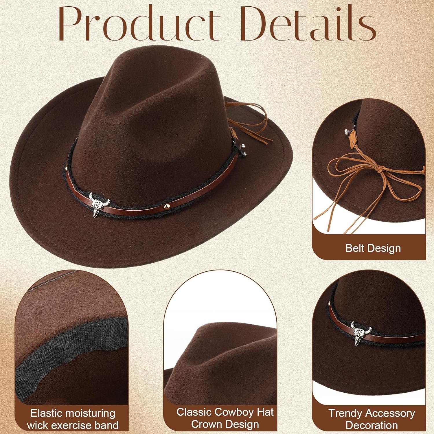 Foaincore 4 Pcs Cowboy Hat Set Unisex Western Cowboy Cowgirl Hats with Belt Buckle Wide Brim Party Hat for Rodeo Festivals