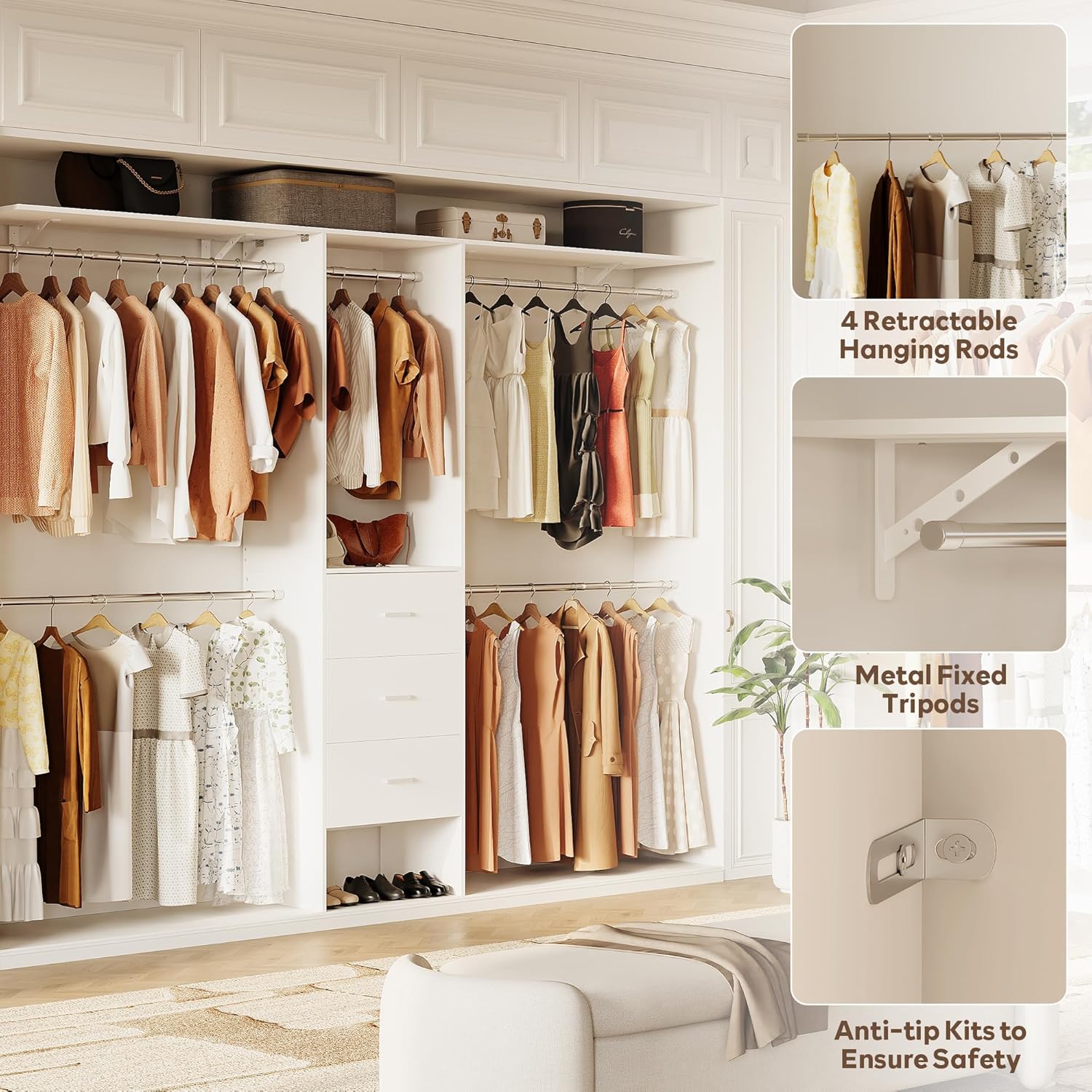 LINLUX 8FT Closet System 94'' Closet Organizer with 3 Drawers,4 Extendable Hanging Rods,Wood Closets Built In System Tower with Adjustable Shelves,Walk-in Closets Wardrobe Clothes Garment Rack(White)