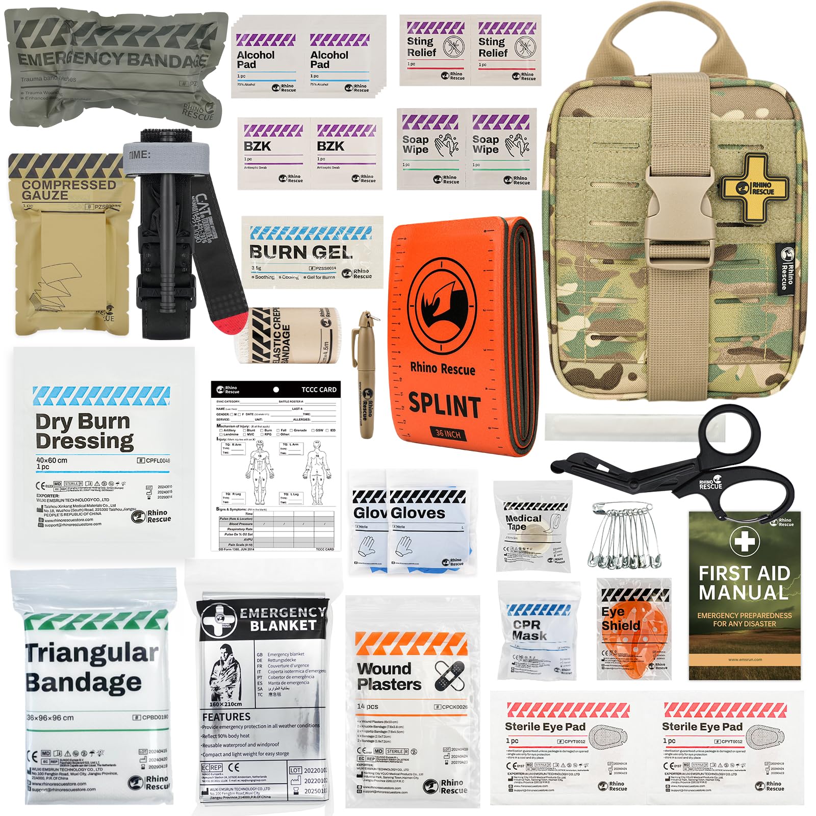 RHINO RESCUE IFAK Trauma Kit with C-A-T Tourniquet for Wound Care, Tactical First Aid Kit Molle Pouch for Military, Combat, Car, Camping, Hiking, Travel(Camouflage)