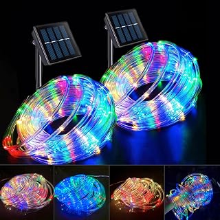 2Pack Solar Outdoor Garden Lights, Total 200LED Rope Decor Lights | Waterproof Auto On/Off with 8 Modes, Fairy Tree Rope Lights for Christmas Patio Garden Tree Wedding and Holiday Multicolor