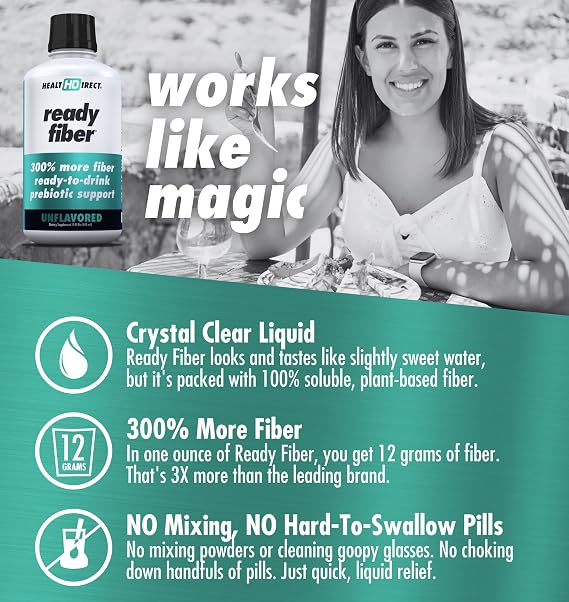 HEALTH DIRECT Ready Fiber Prebiotic Liquid Fiber, Unflavored, 15 Fl Oz | High fiber supplement for adults and kids; looks and tastes like water. Soluble fiber + FOS. Ready-to-drink, no mess.