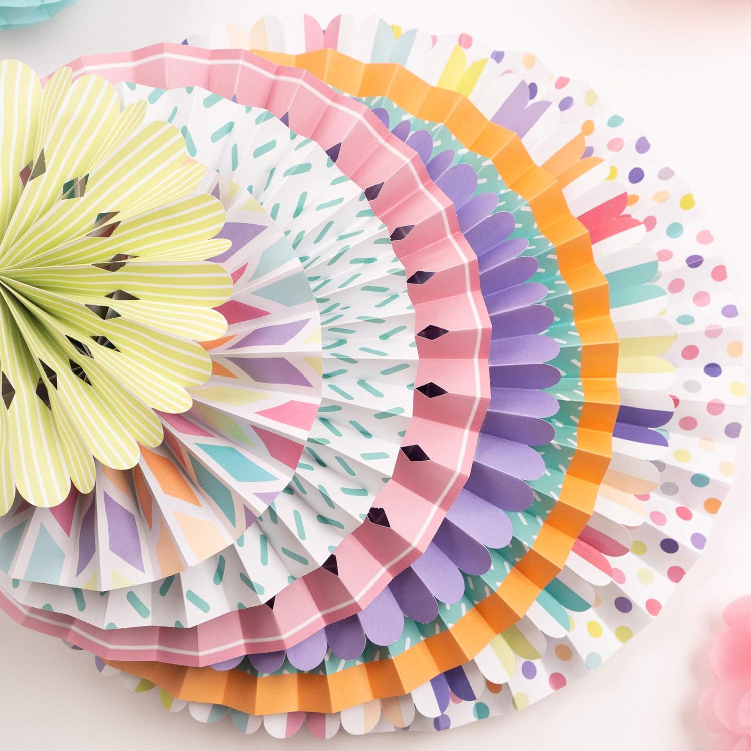 PapaKit Bundle - Happy Birthday Bunting Banner and Origami Paper Fan Wall Decoration Set (Bright and Bold Colors)