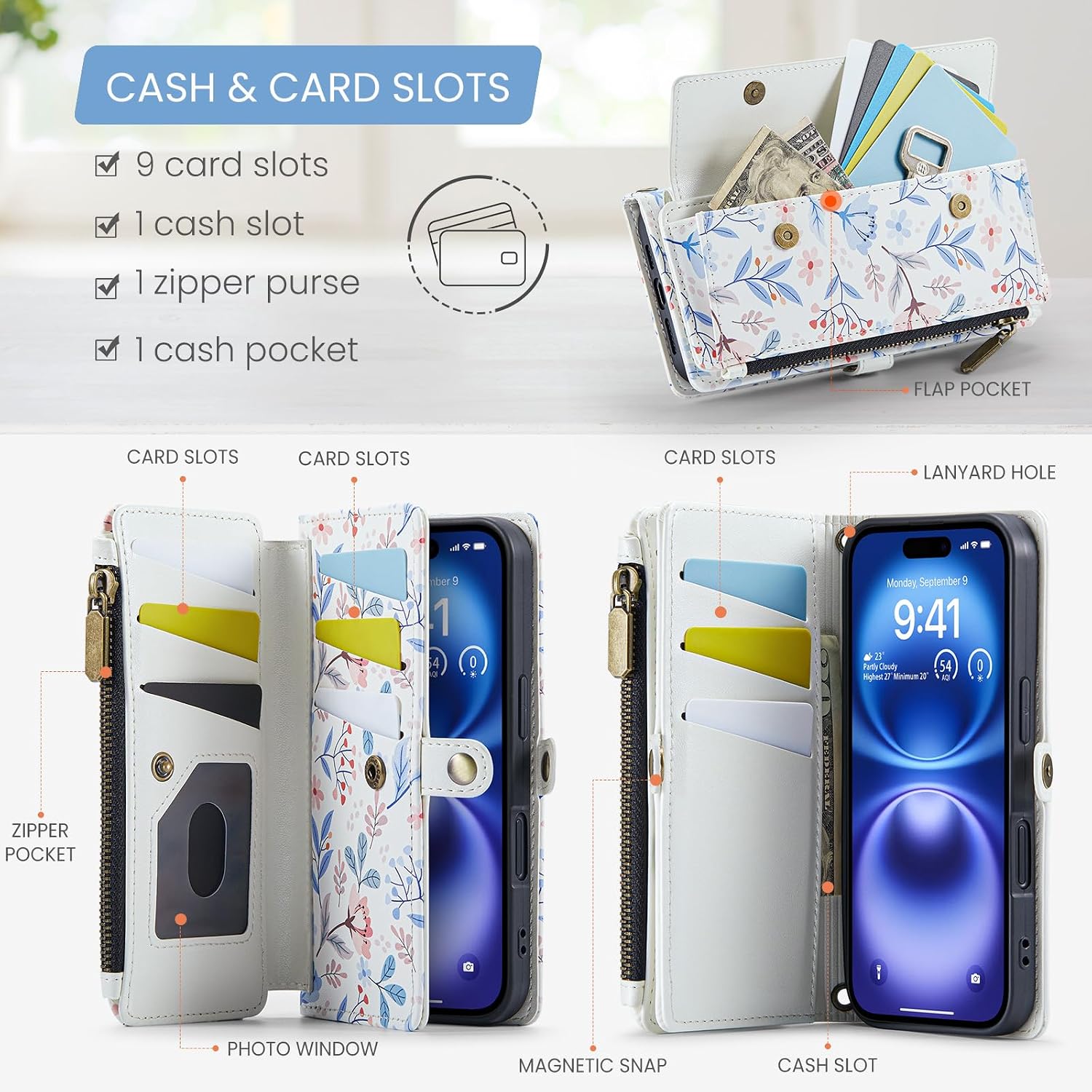 for iPhone 16 Case Wallet with RFID Blocking Card Holder Colored Drawing PU Leather Magnetic Snap Flip Zipper Strap Wallet Phone Case Fit for iPhone 16,Leaf