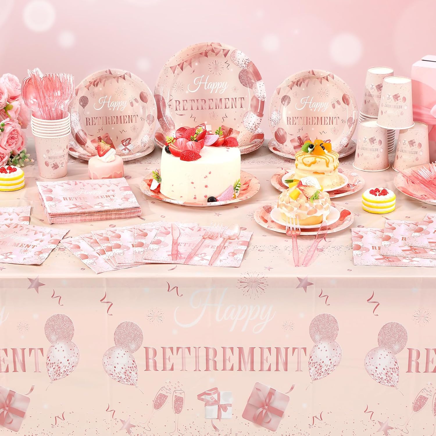Pickmesh 194 Pcs Rose Gold Happy Retirement Party Decorations Supplies Include Rose Gold Retirement Paper Plates Napkins Cups Tablecloth Forks Knifes Spoons for Women Say Goodbye Retired Party Supplie