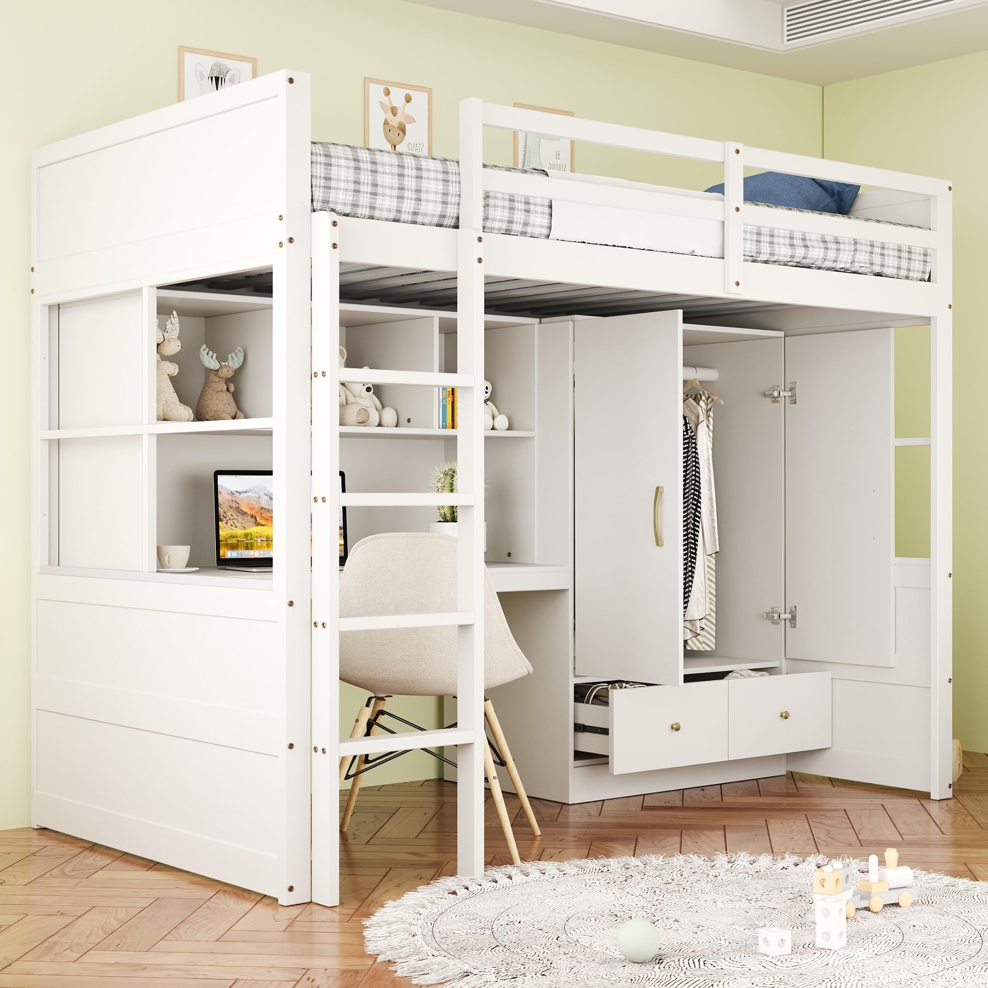 Kinderbett 90x200 cm, Hochbett mit Schreibtisch, Tisch mit Staufach, Kleiderschrank mit 2 Stauschublade, Etagenbett, Jugendbett, Bettgestell mit Lattenrost, Weiß, ohne Matratze