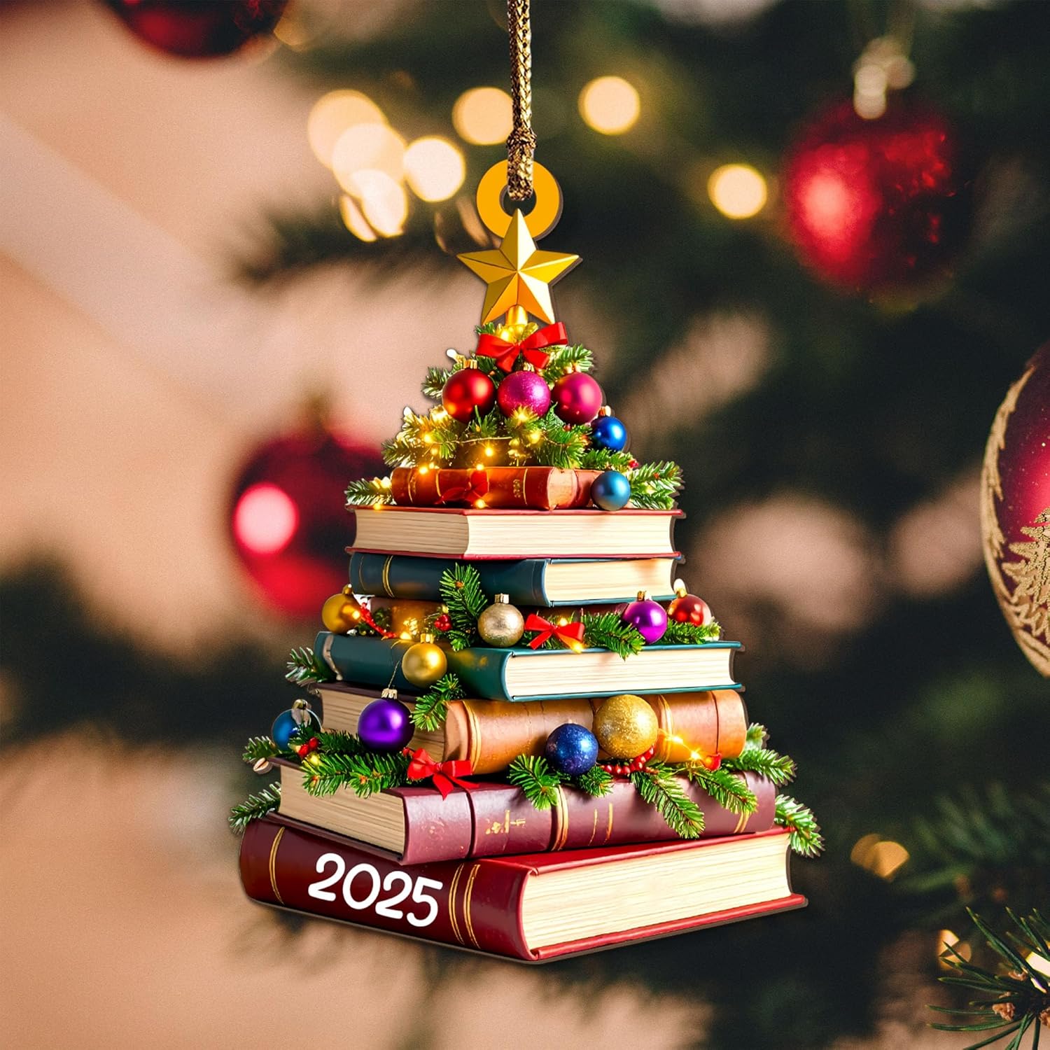 Pack 2 Book Tree Christmas Ornament (1 Wood+1 Acrylic), 2025 Bookworm Christmas 2D Flat Ornaments, Gift for Book Lovers, Readers, Librarian, Friends - Bookish Club Gifts for Women, Xmas Tree Decor - Image 2