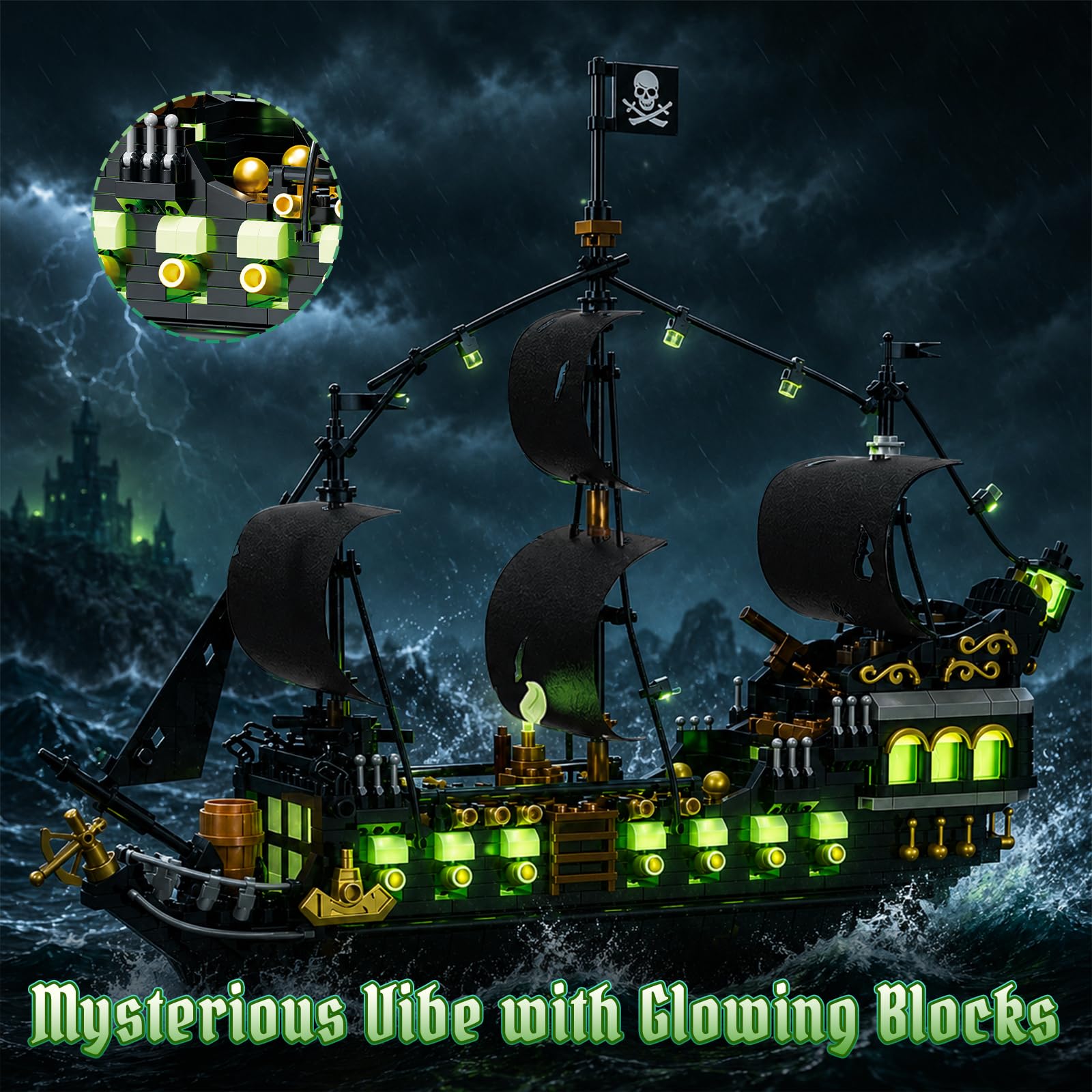 Set di mattoncini Nave Pirata Luminosa | modello notturno decorativo per adulti, kit creativo regalo per ragazzi e ragazze a partire da 14 anni (1576 pezzi)