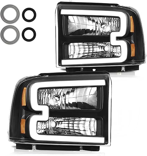 Conjunto de faros halógenos con luz diurna LED Compatible con Ford F250 F350 F450 F550 Super Duty 2005-2007/Ford Excursion 05 (carcasa negra,