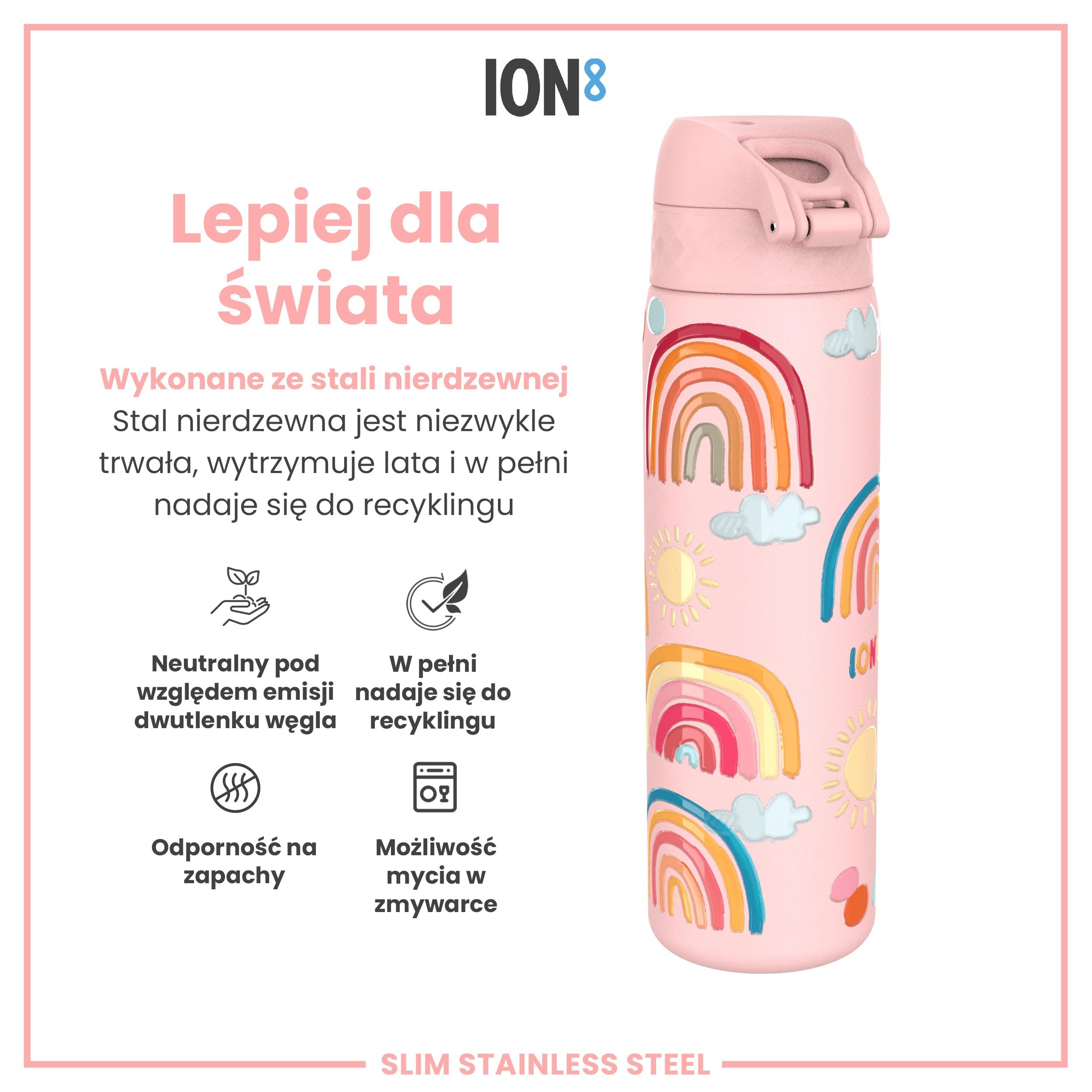 ION8 Butelka na Wodę ze Lekki Stali, 600 ml/20 oz, Nieocieplany, Szczelna, Łatwe Otwieranie, Bezpieczny Zamek, Można Myć w Zmywarce, Higieniczne Pokrycie, Składany Uchwyt, Tęcze