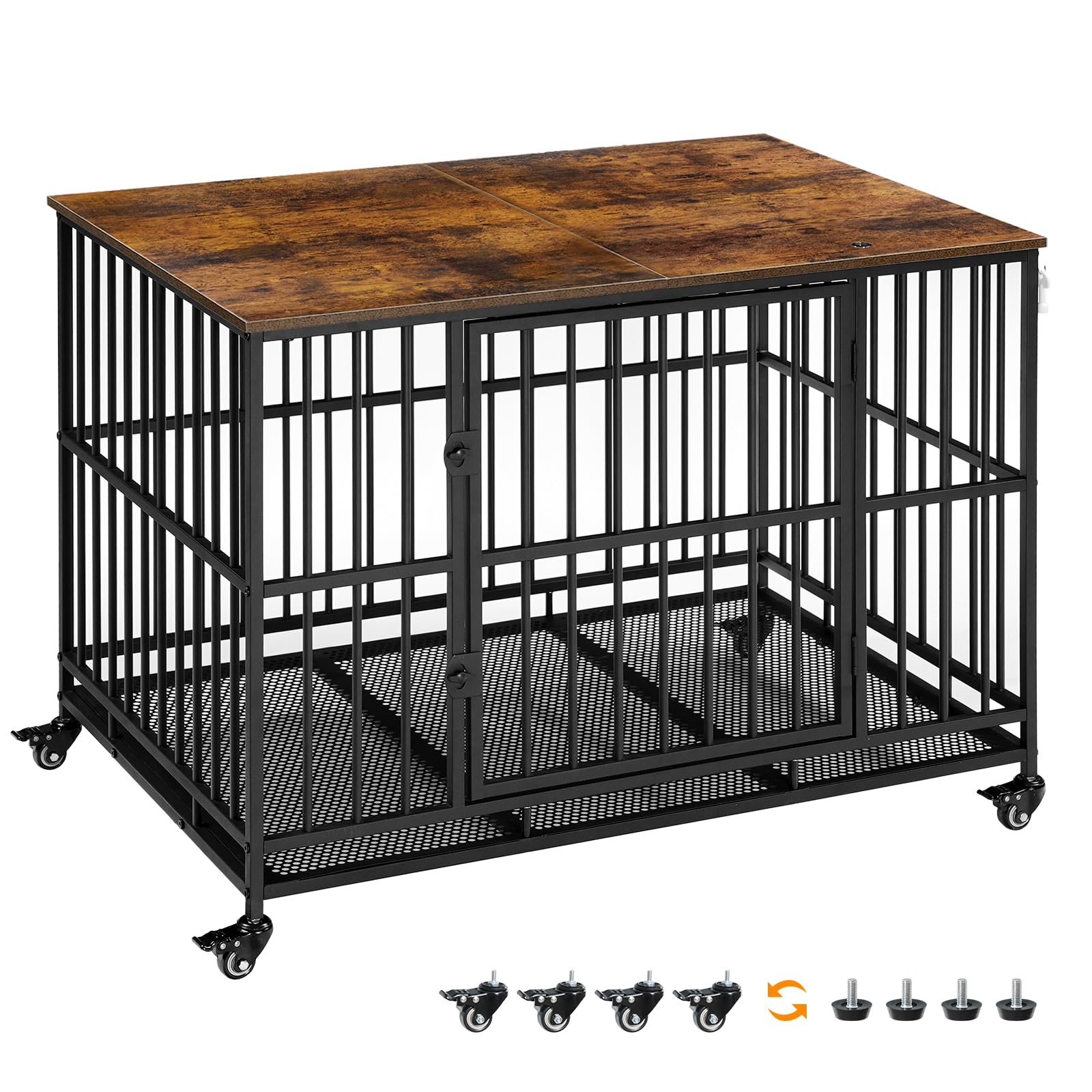 Heavy Duty Dog Crate Furniture, 38.7" Large Dog Kennel Indoor with Flip-Top, Indestructible Dog Crate End Side Table with Wheels, for Small/Medium Dog, Rustic Brown and Black BF98GW03G1
