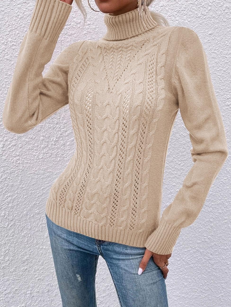 Hongqizo Women Casual Turtleneck Long Sleeve Sweater Cable Knit Pullover Solid Slim Fit Sweater Turtleneck Tops - Image 3