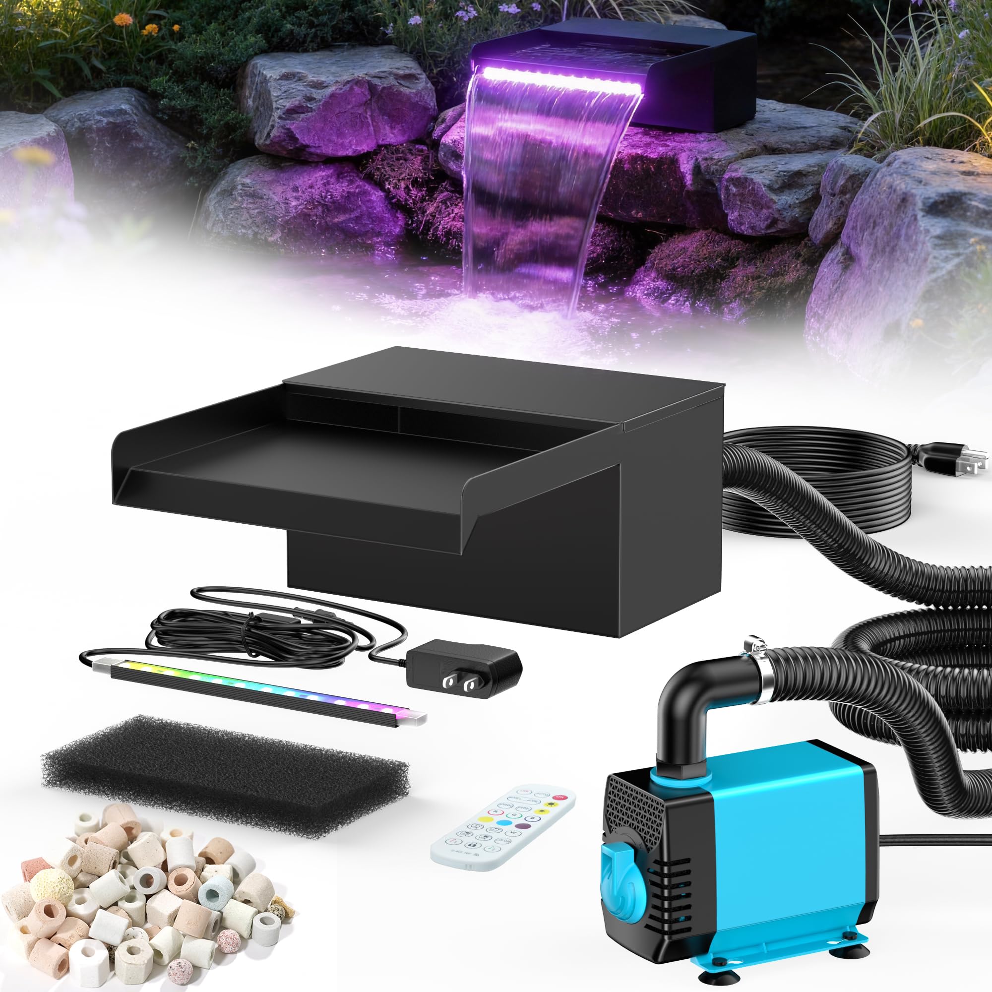 POPOSOAP 8inch Pond Waterfall Spillway with RGB LED Lights &amp; 660GPH Pond Pump- APP/Remote Control, 304 Stainless Steel Pond Spillway with 9.8FT Tubing for Garden Ponds Landscape Water Features-P42DY