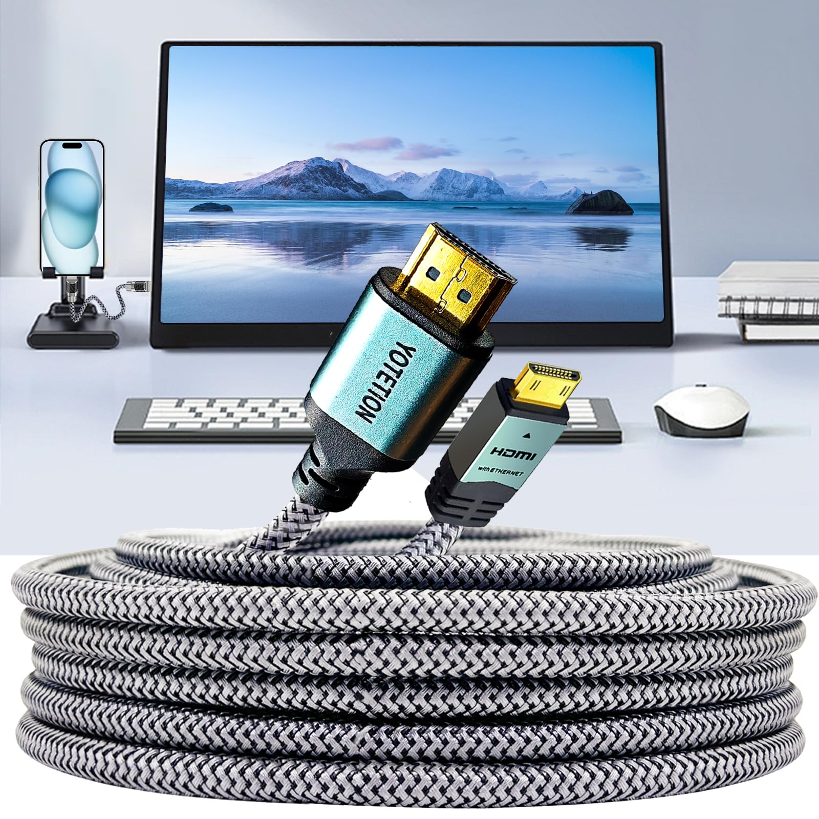 Cable mini HDMI a HDMI de 50 pies, (4K 60Hz) HDMI de alta velocidad a Mini HDMI macho bidireccional 2.0 cable para HDTV, tableta, cámara y videocámara (carcasa de aluminio, malla trenzada)