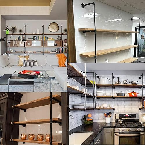 Miniatura 8 de Diwhy Estantería de tubo negro industrial para bricolaje, montaje en pared, estantería abierta, kit de soporte para proyectos de bricolaje (2 piezas