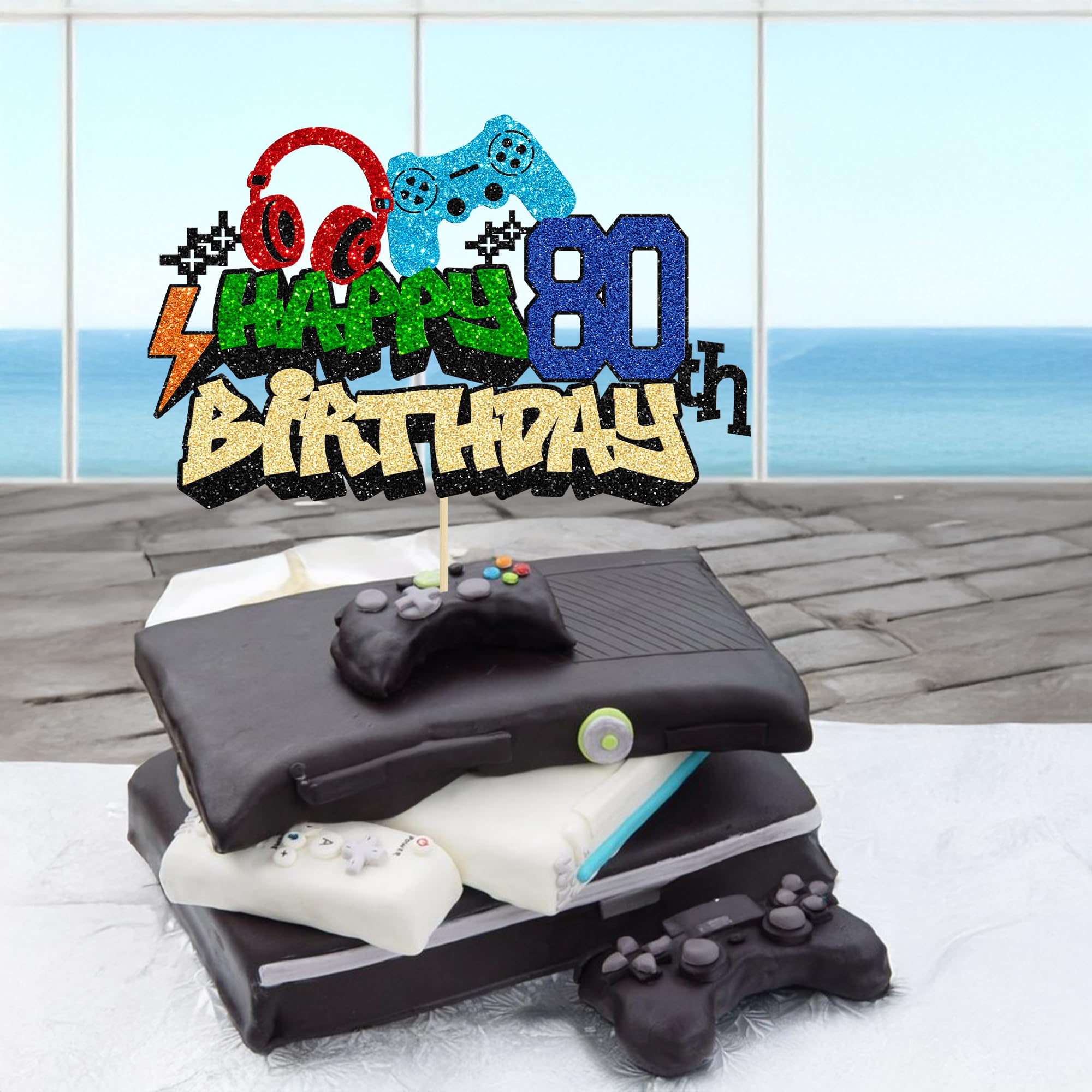 Gyufise 1Pcs Happy 80th Birthday Cake Topper Glitter Video Game Cake Pick Game On Controllers Eighteen Cheers to 18 Years Cake Decoration for Game Theme Happy 80th Birthday Party Supplies 3