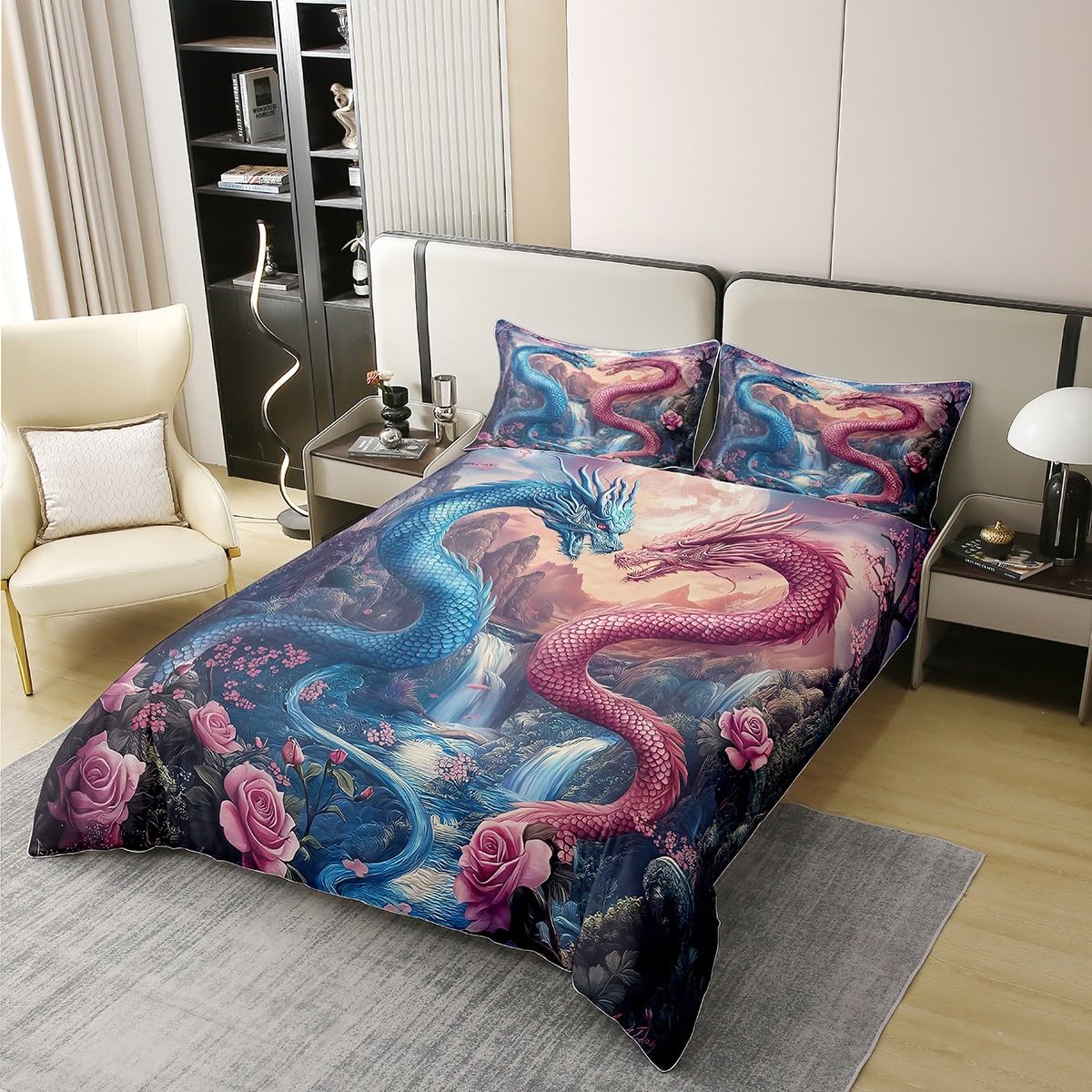 Dragon Duvet Cover Twin for Kids Boys,3D Dragon Ancient Wildlife Couple Lover 2 Pieces Duvet Cover,Romantic Flowers Floral Comforter Cover (Not Comforter),Traditional Nature Mountain Quilt Cover
