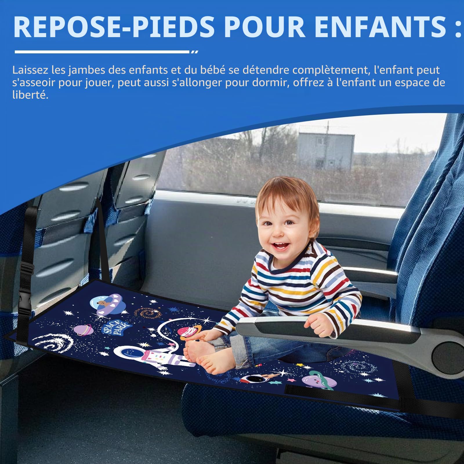 Extension de siège d'avion pour enfant - 77 x 44 cm - Rallonge de siège portable en avion pour enfant - Lit d'avion pour enfants - Ciel étoilé - Bleu