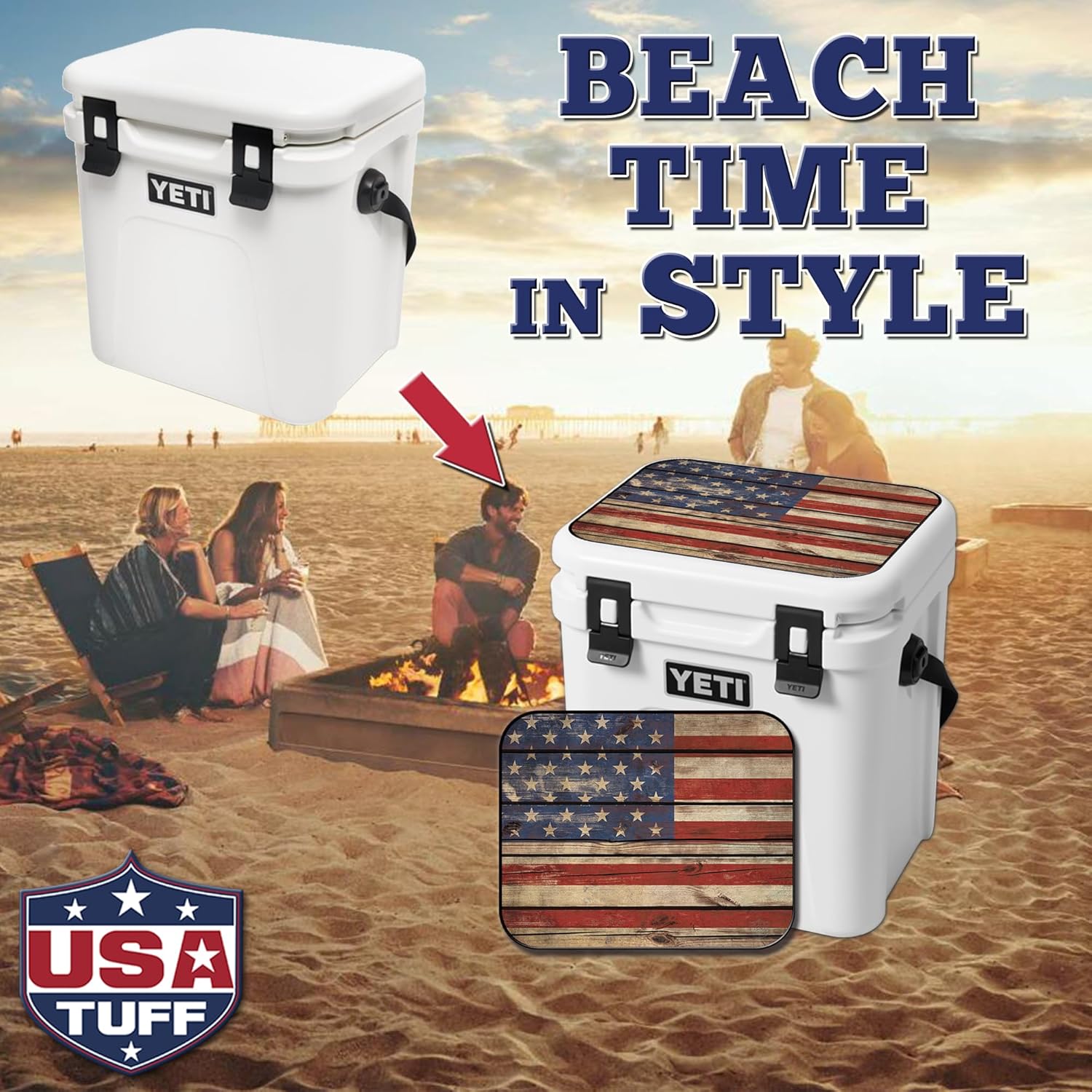 USATuff Vinyl Cooler Lid Kit Compatible with YETI | Easy Peel & Stick Application Cooler Skin Decal Wrap | Durable Pre-Cut Pieces | Made for Outdoor Use - Old Glory Flag Design