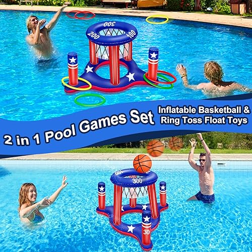 Miniatura 5 de Juguetes de piscina con la bandera estadounidense, juegos para adolescentes y adultos, aro de baloncesto flotante 2 en 1, juego de lanzamiento de