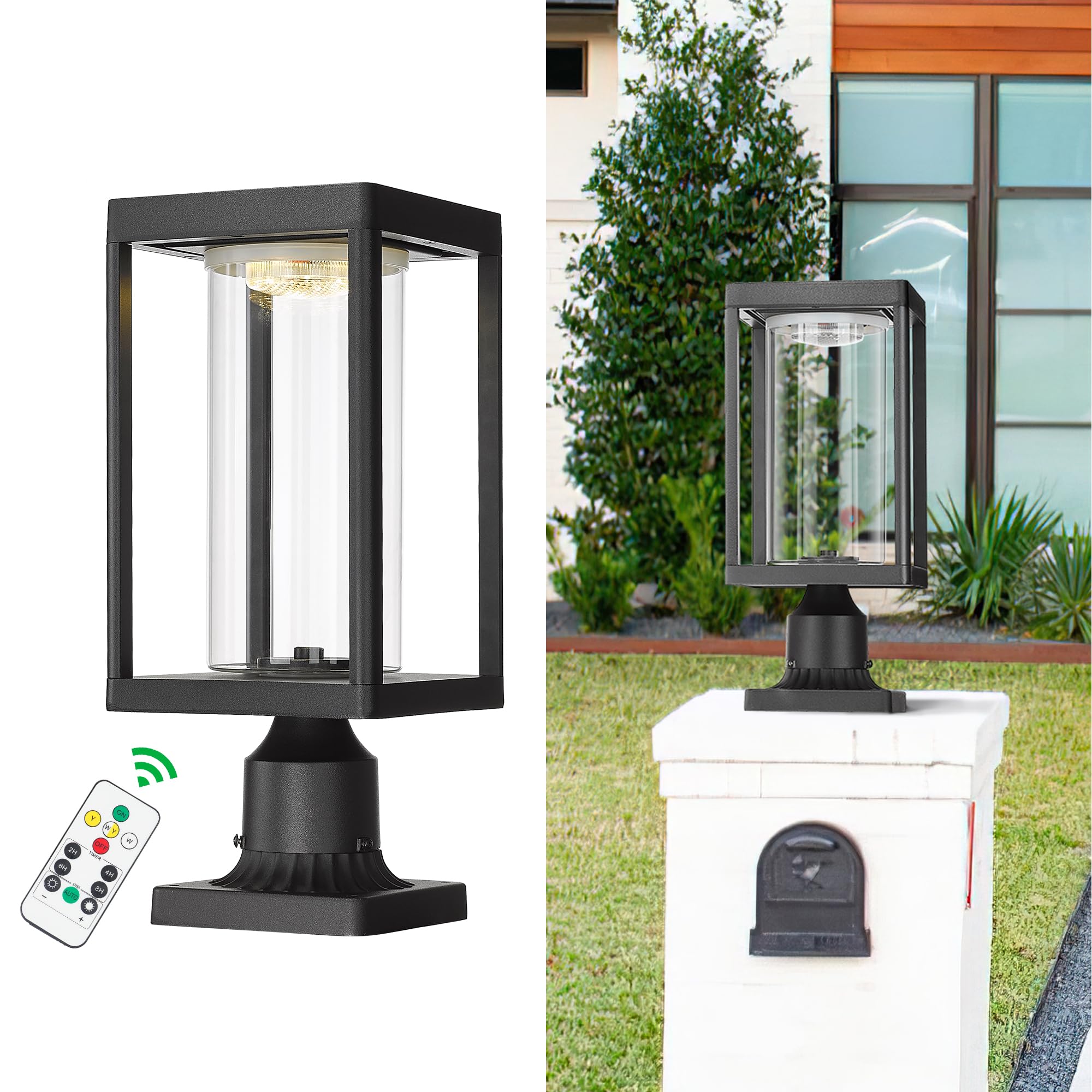 Beionxii Solar Lamp Post Light, Dusk to Dawn Outdoor Post Lights Pier Mount Lantern with Remote Control, 3CCT 3000K/4000K/6500K Selectable, Cast Aluminum w/Clear Glass - A291SP-1PK/B