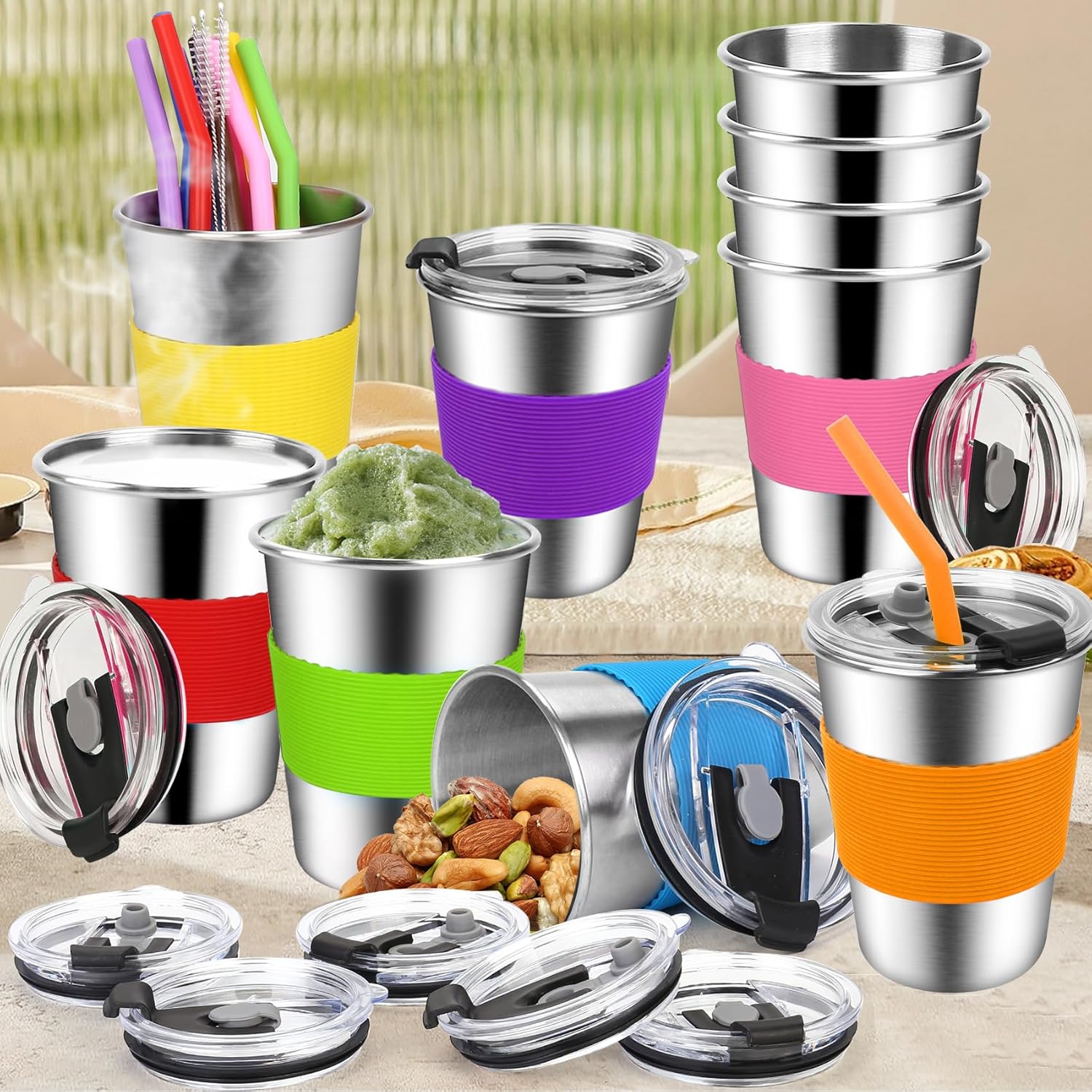 ShineMe Toddler Cups With Straws Spill Proof, 12oz Reusable Stainless Steel Cups with Straws, Lids, and Colorful Silicone Sleeves, Unbreakable Kids Cups for Milk, Water, Snacks...(10pack) - Image 6
