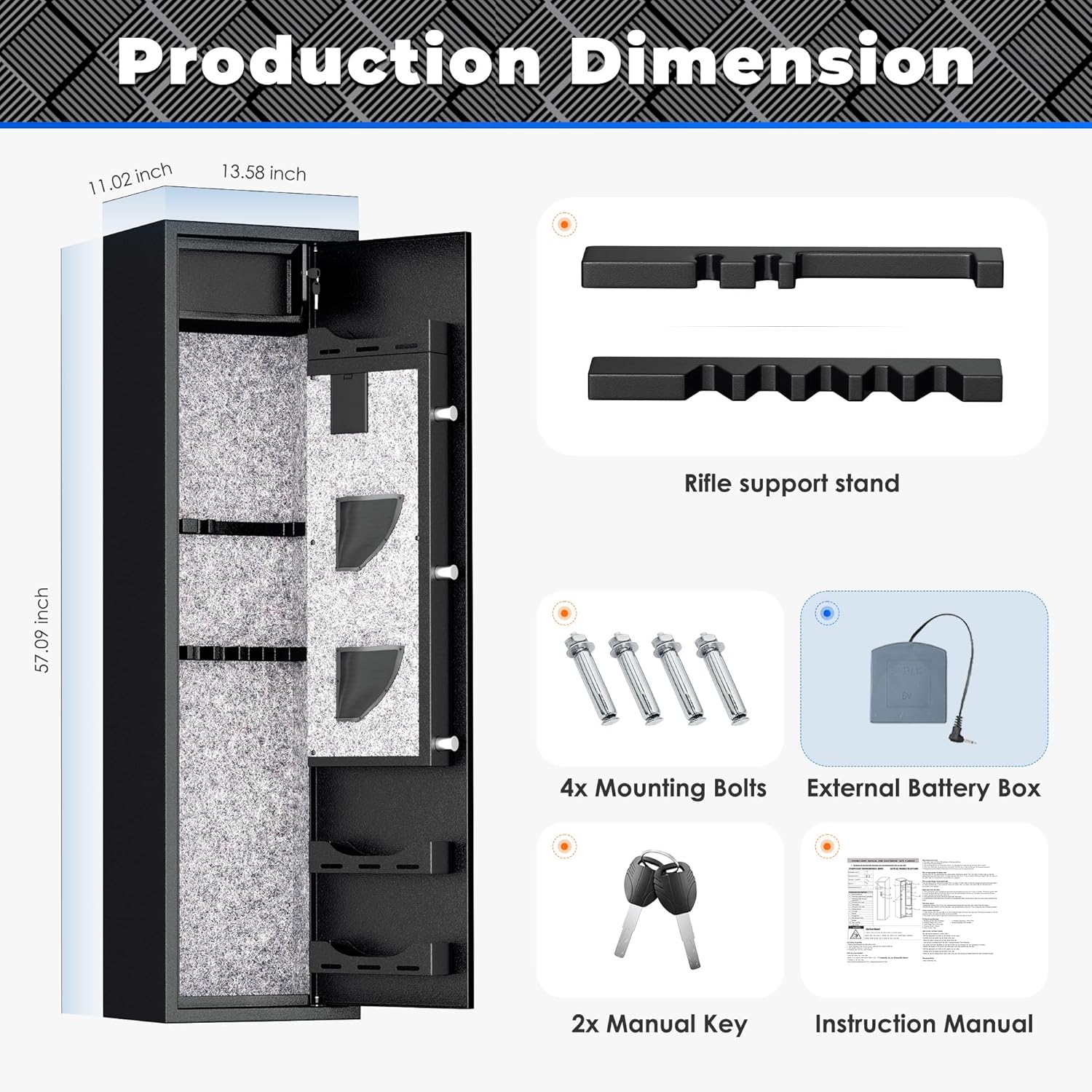 Diagram showing all components included with the gun safe, such as door frame, side panels, back panel, top panel, bottom panel, removable shelf, back mesh panel, gun brackets, gun racks, self-tapping screws, screwdriver, gloves, external power box, shelf buckles, keys, and expansion bolts.