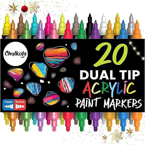 Chalkola 20 marcadores de pintura acrílica de doble punta, kit de marcadores acrílicos para pintura en roca, lienzo, madera, cerámica, vidrio, tela,