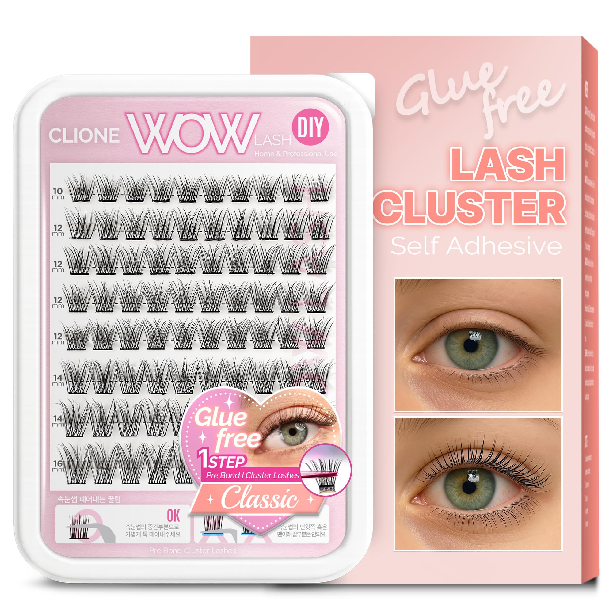 CLIONE PRIME Korean Self Adhesive Lash Clusters Classic Look No Glue Press On Pre Bond Lash Clusters Fluffy Self Adhesive False Eyelashes No Glue