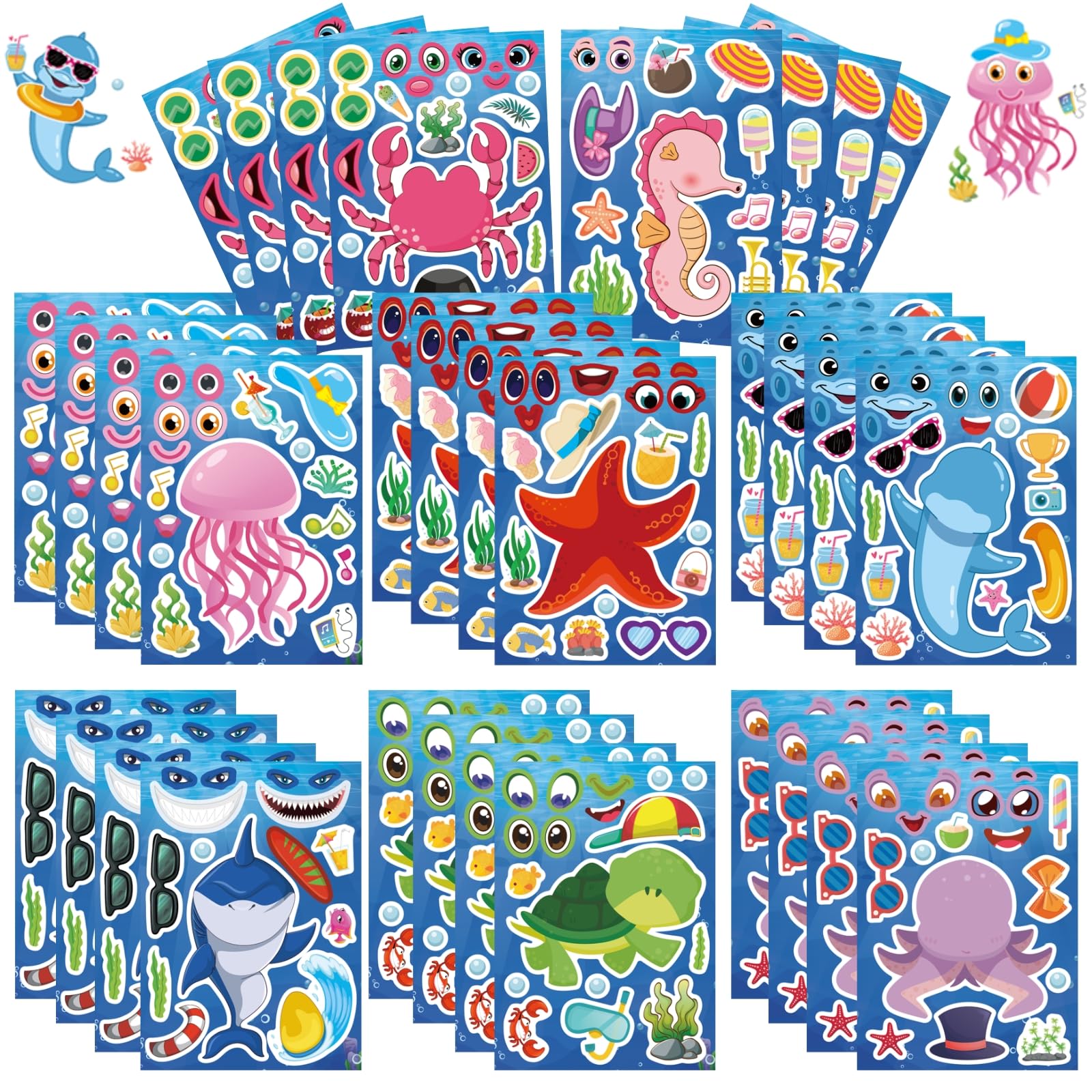 Jovial & Joyful 32 Sheets Sea Animals Make Your Own Stickers, Make a Face Sticker Sheets for Kids, Octonauts Birthday Party Supplies, Under the Sea Party Favors, Return Gifts for Birthday Party