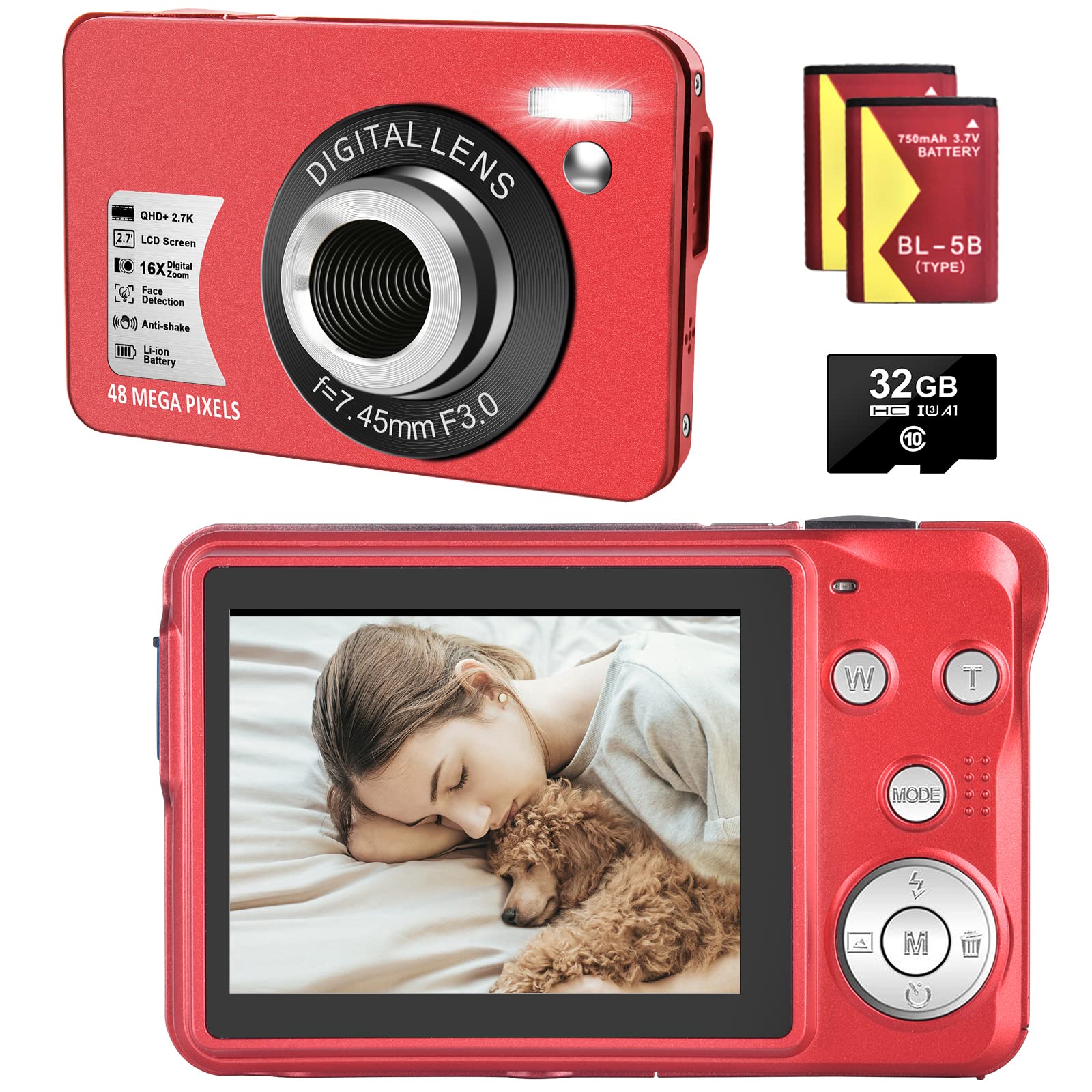 Digital Cameras HD Compact Camera 48MP Small Portable Camera for  Teens with 16X Digital Zoom Mini Camera with 32 GB SD Card and Batteries