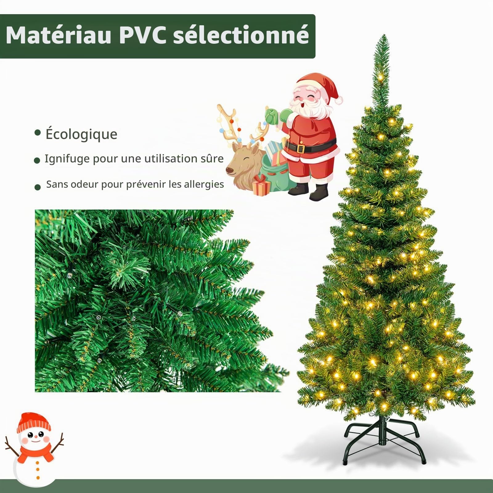 LIFEZEAL Sapin de Noël Artificiel avec Lumières LED Blanc Chaud | Sapin de Noël à Aiguilles PVC Vert avec Système de Pliage et Support Métallique, 195 cm