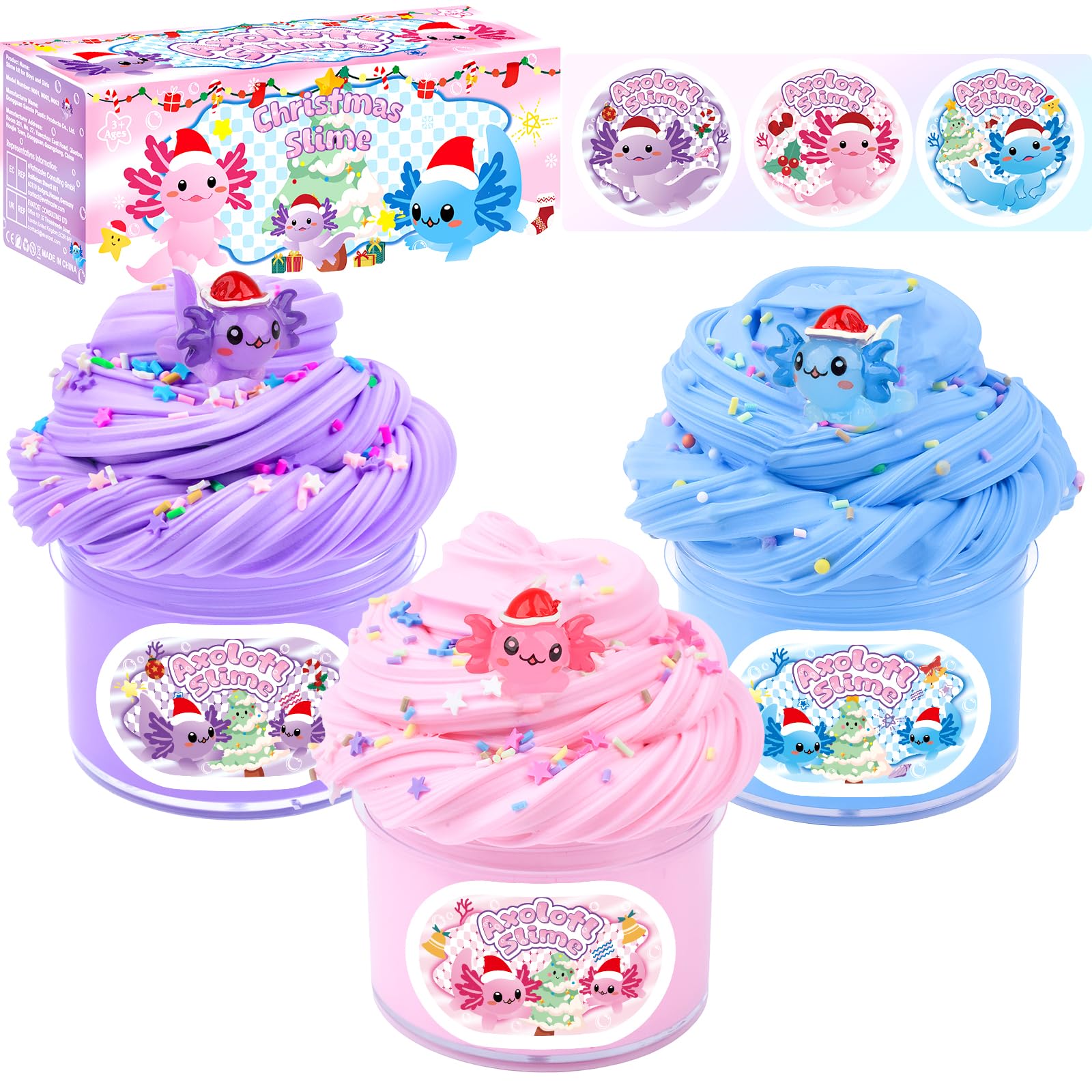 3 Pack Christmas Butter Slime, Pink, Blue, Purple Axolotl Charms, Soft, Stretchy, Scented Slime Party Favor for Girls & Boys