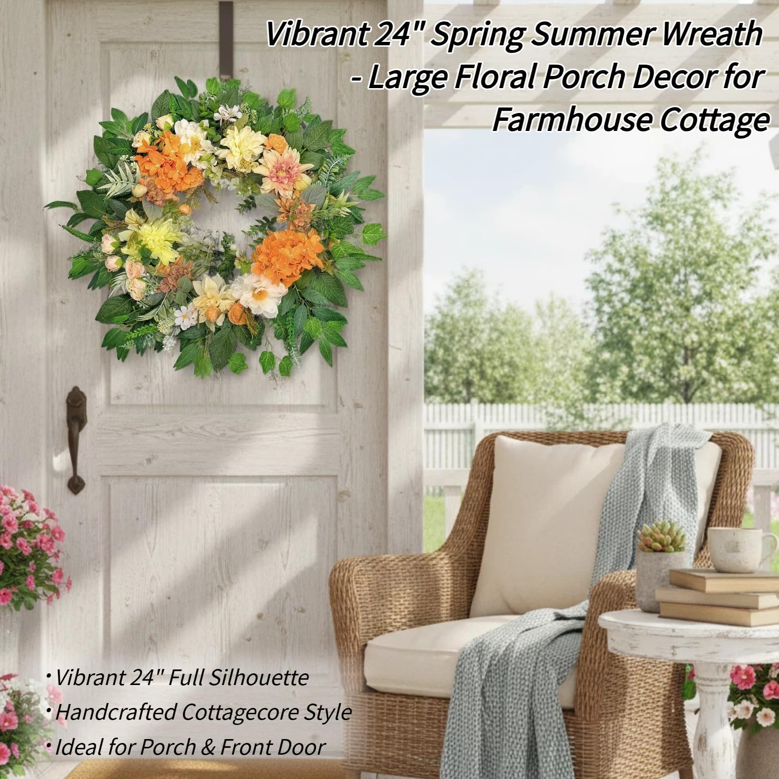 Corona di Fiori Artificiali 60cm Arancione per Porta Ingresso, Ghirlanda Primaverile Estiva con Ortensie Dalie Peonie, Decorazione Moderna da Parete Stile Rustico, Regalo di Inaugurazione