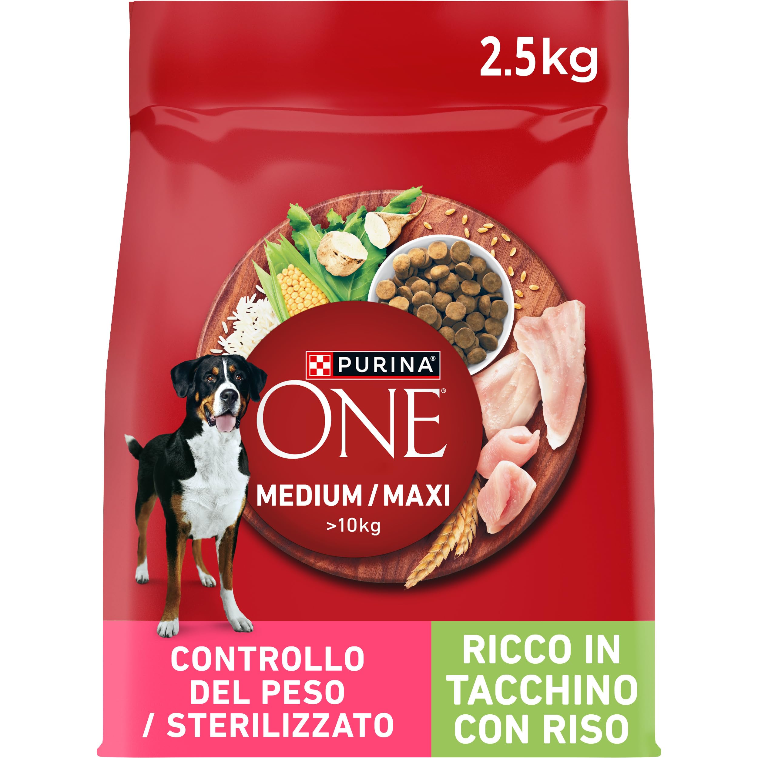 PURINA ONE Medium Maxi Controllo del peso Crocchette per Cani Adulti Sterilizzati con Tacchino 4 Sacchi da 2.5kg