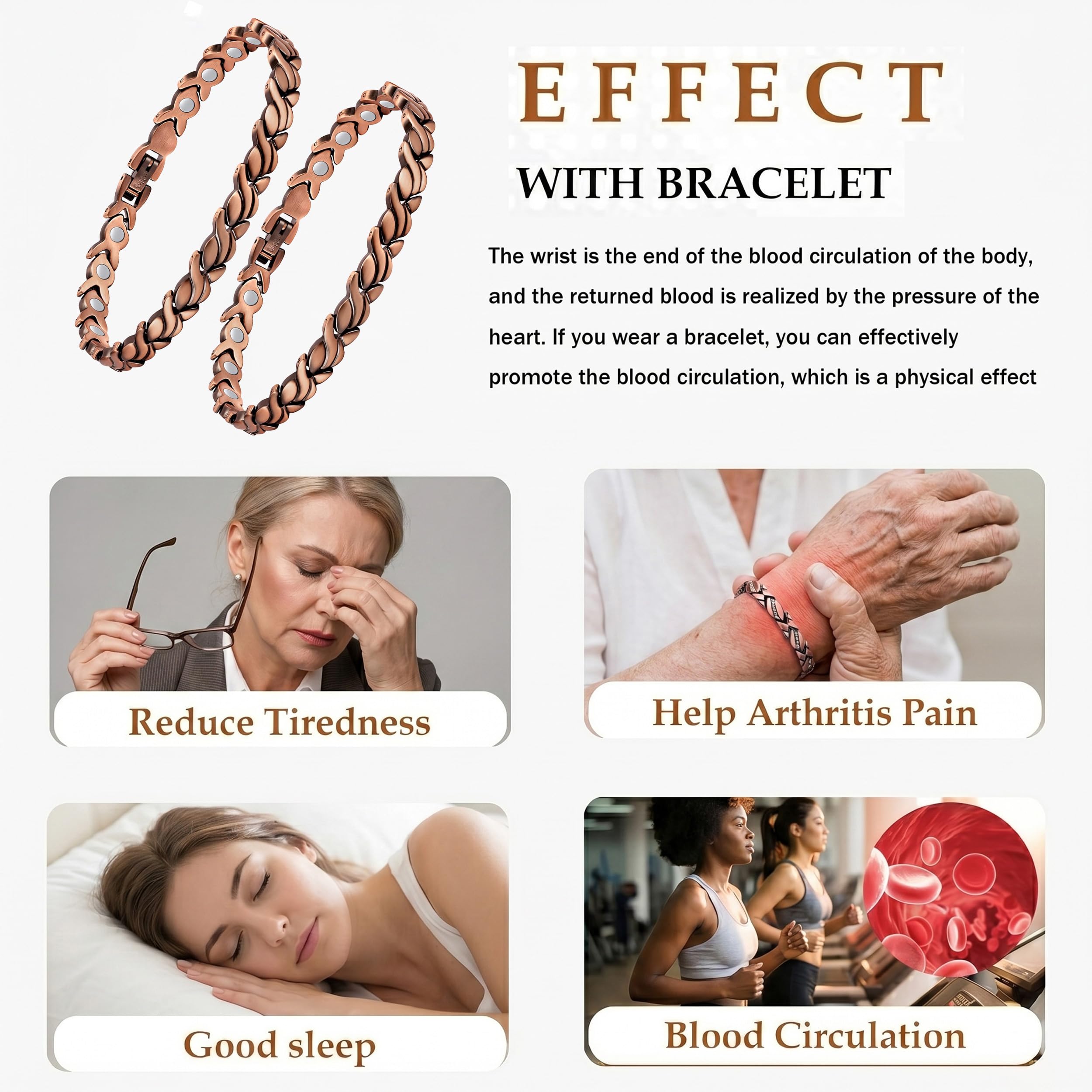 Bracelet en cuivre pour femme en néodyme lympunclog | Bracelet Megnc en cuivre pur 99,99 %, Pulsera de Cobre Para Mujer, réglable avec outil de dimensionnement