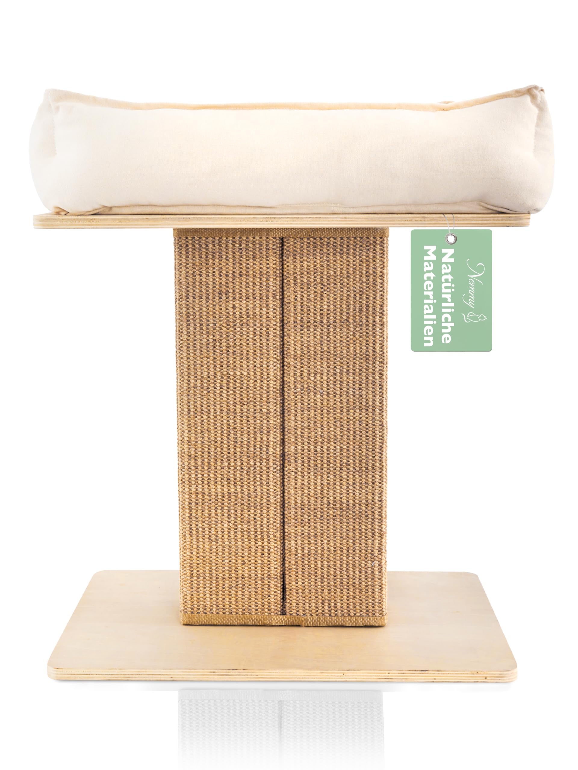Nemmy Premium Kratzbaum klein aus Holz mit waschbarem XL Katzenbett, Beige | Geruchsneutral. Stabile Anti-Rutsch-Füße. Sisalmatte statt Seile. Für Schlafzimmer & Büro. Ersatzteile erhältlich.