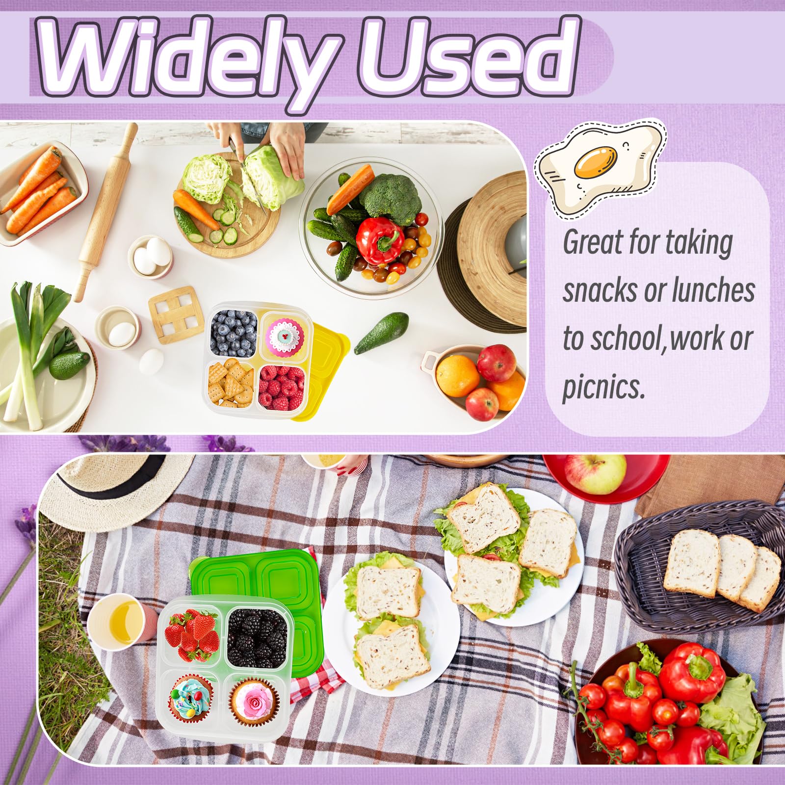 Irrmshr Wiederverwendbare Snack-Bento-Boxen aus Kunststoff, 4 Fächer, geteilte Lebensmittelbehälter mit Deckel, für Reisen, Schule, Arbeit, 10 Stück
