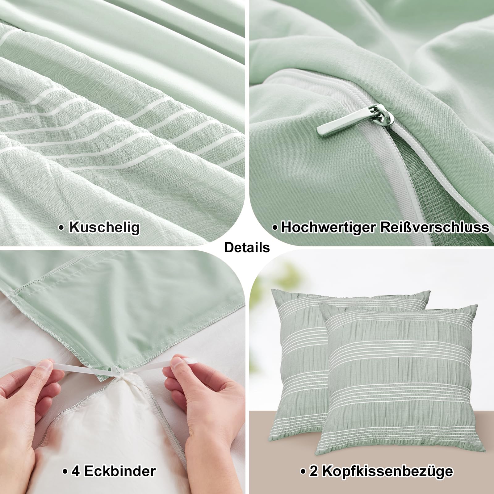 Qucover Funda Nordica Cama 135/150 - Verde Fundas para Edredón 200x200cm con 2 Fundas de Almohada 80x80cm, 3 Piezas Juego de Ropa de Cama de Diseño de Rayas Blancas con Cremallera