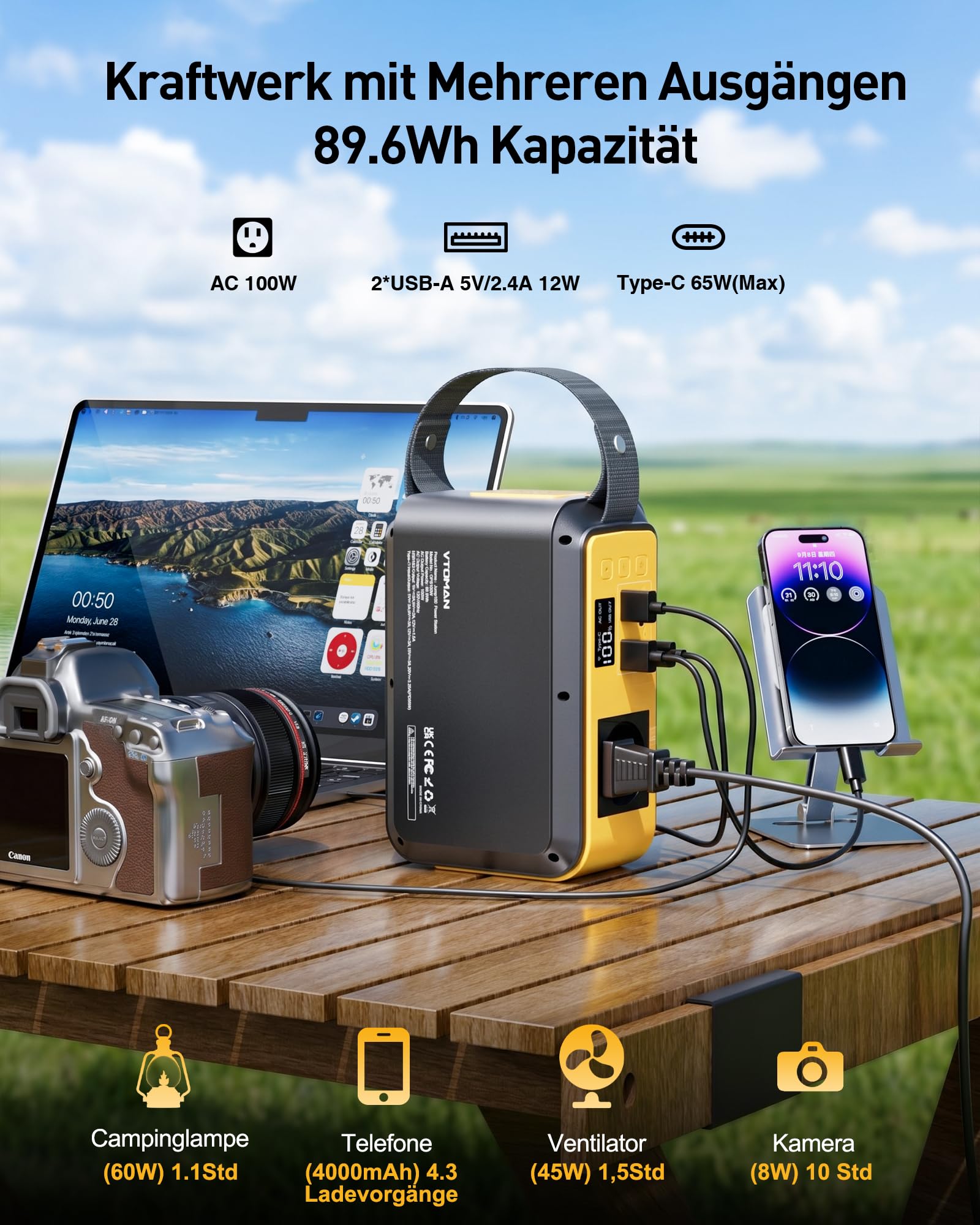 VTOMAN Jump 100 Tragbare Powerstation, 89.6Wh LiFePO4-Batterie,100W Solargenerator (Spitzenleistung 200W) Steckdose und PD 65W Schnellladung für Camping, Draußen, Reise,Notfälle
