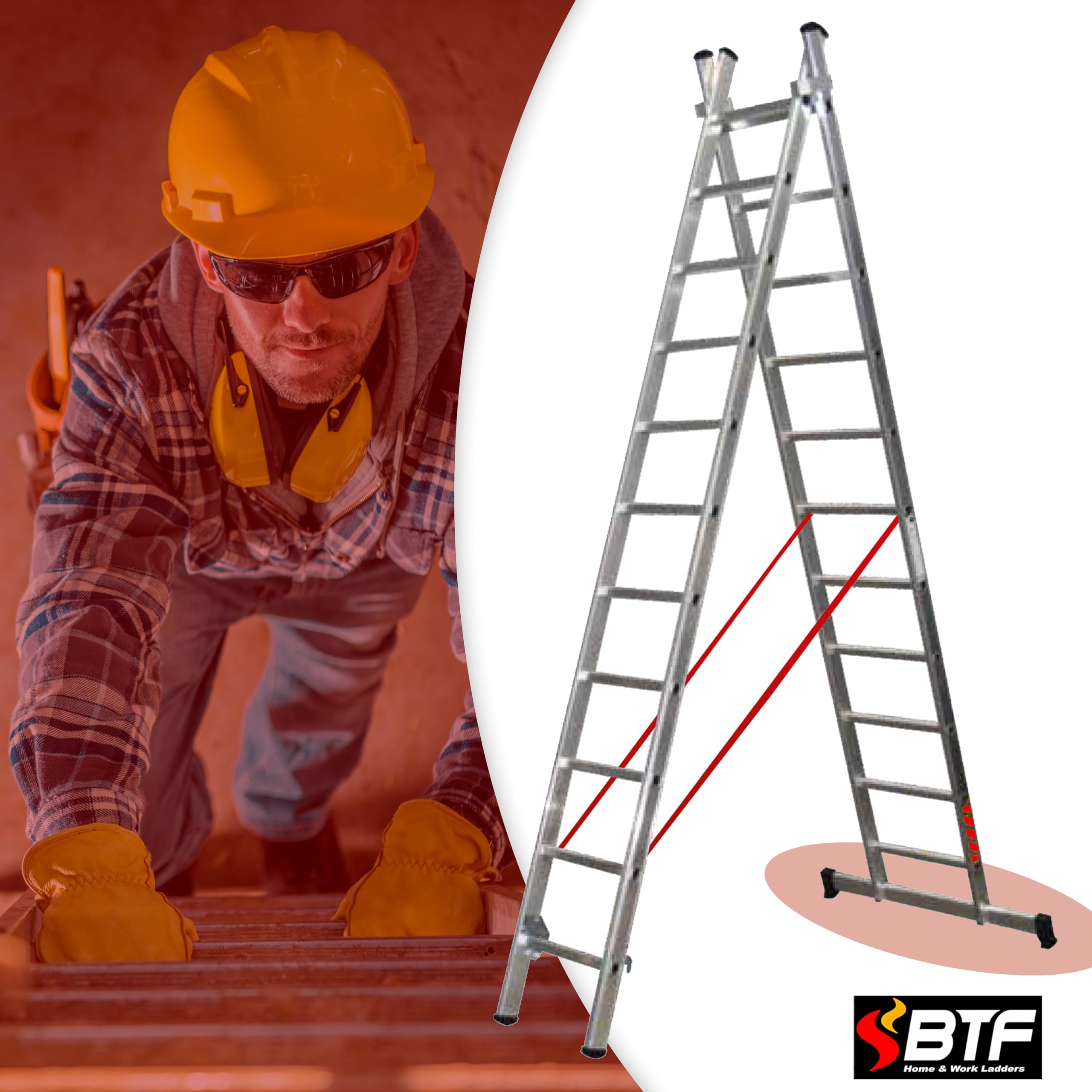 BTF | Base Estabilizadora Escaleras Industriales 110 cm de Largo, Perfil 65x25 mm | Distancia Entre Agujeros 435 ± 5 mm | 2 o 3 tramos por Encima de los 3,0 Metros de Alto. BTF-BEST110