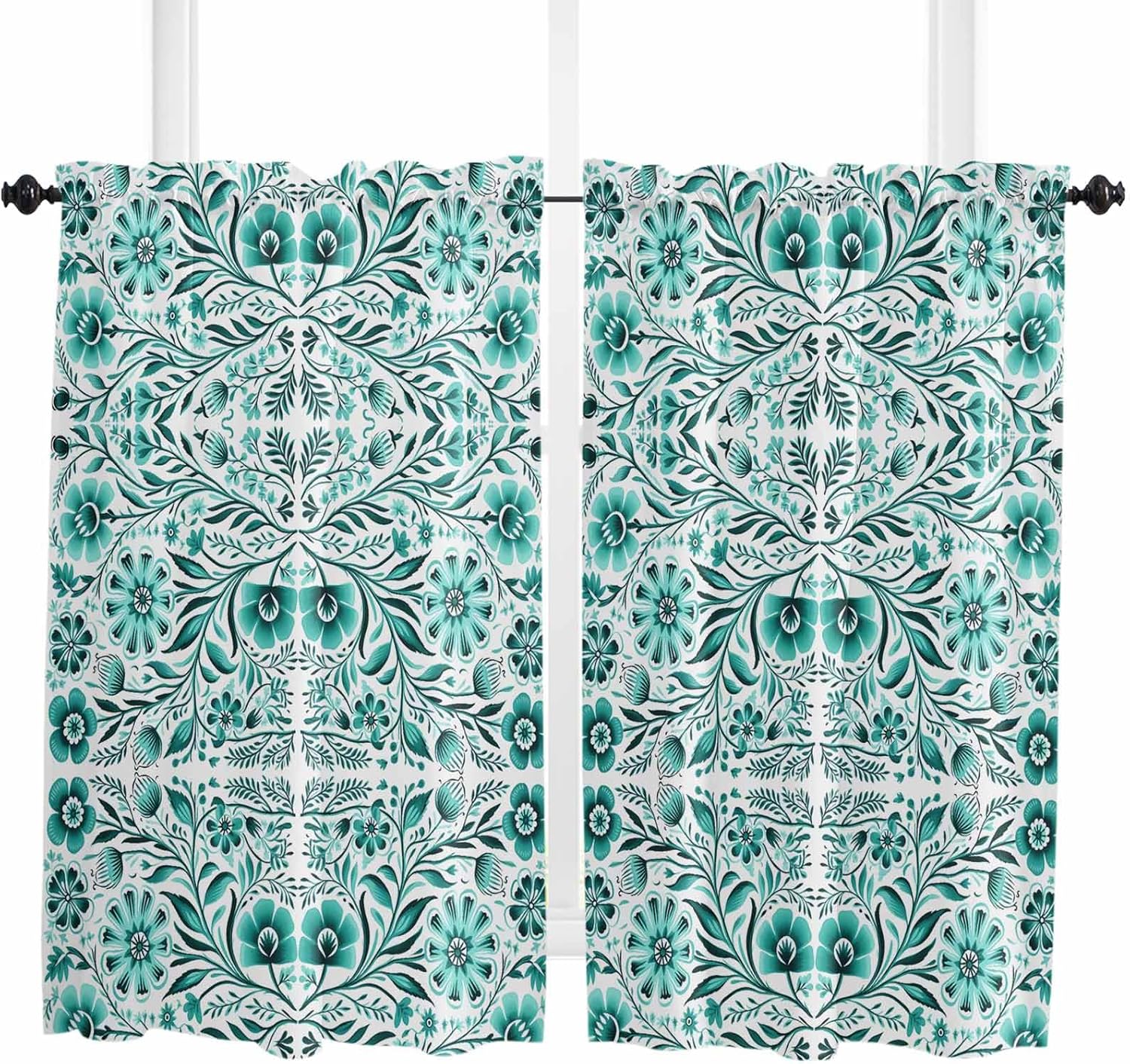 Bohemia Green Flower Kitchen Curtain 54 Inch Length Window Curtains and Drapes for Cafe/Living Room,2 Panels Window Treatment Rod Pocket Drapery Panels Curtains,Boho Vintage Plant Leaves Herbs 104x54