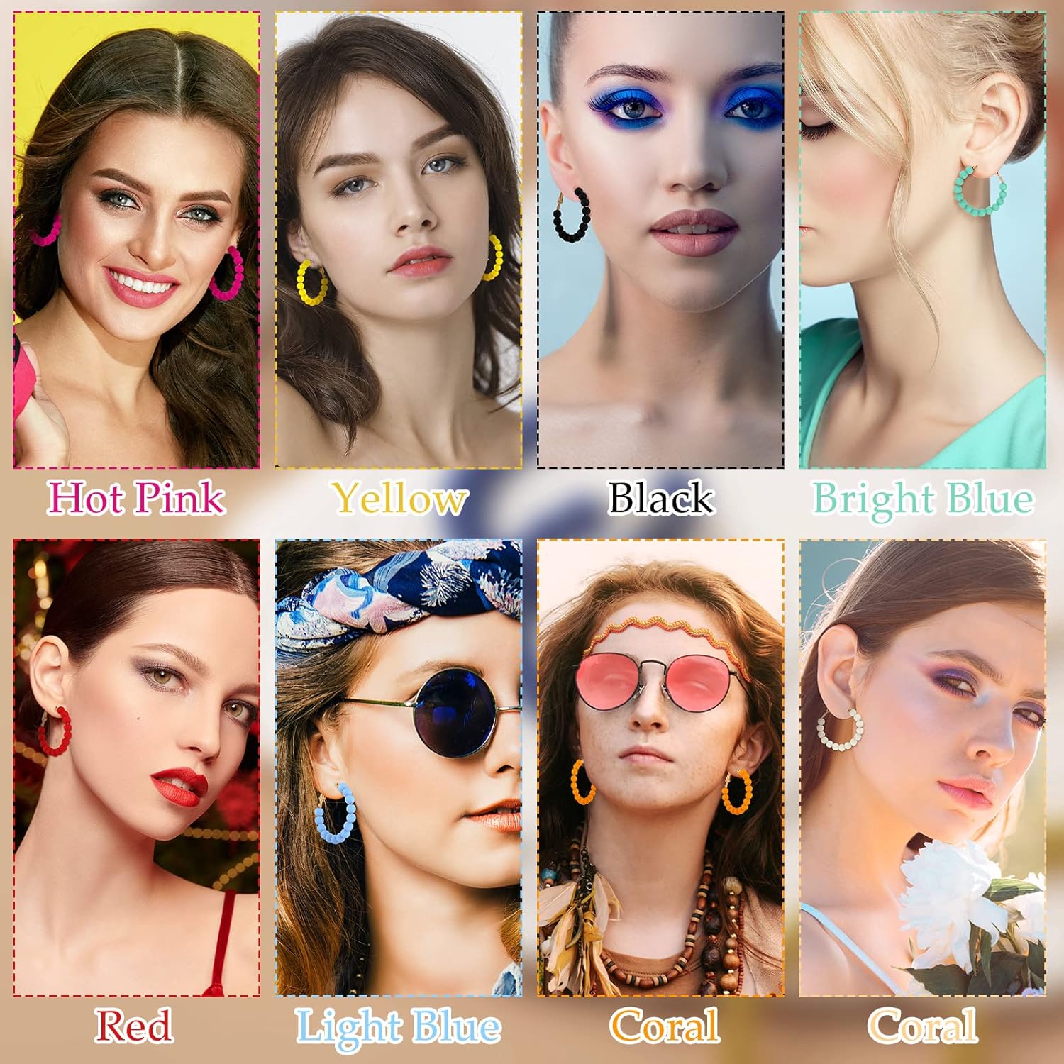 Bonuci 9 Pairs Beaded Hoop Earrings for Women Bohemian Bead Earrings Mixed Color Dangle (Bright Colors,Acrylic) - Image 6