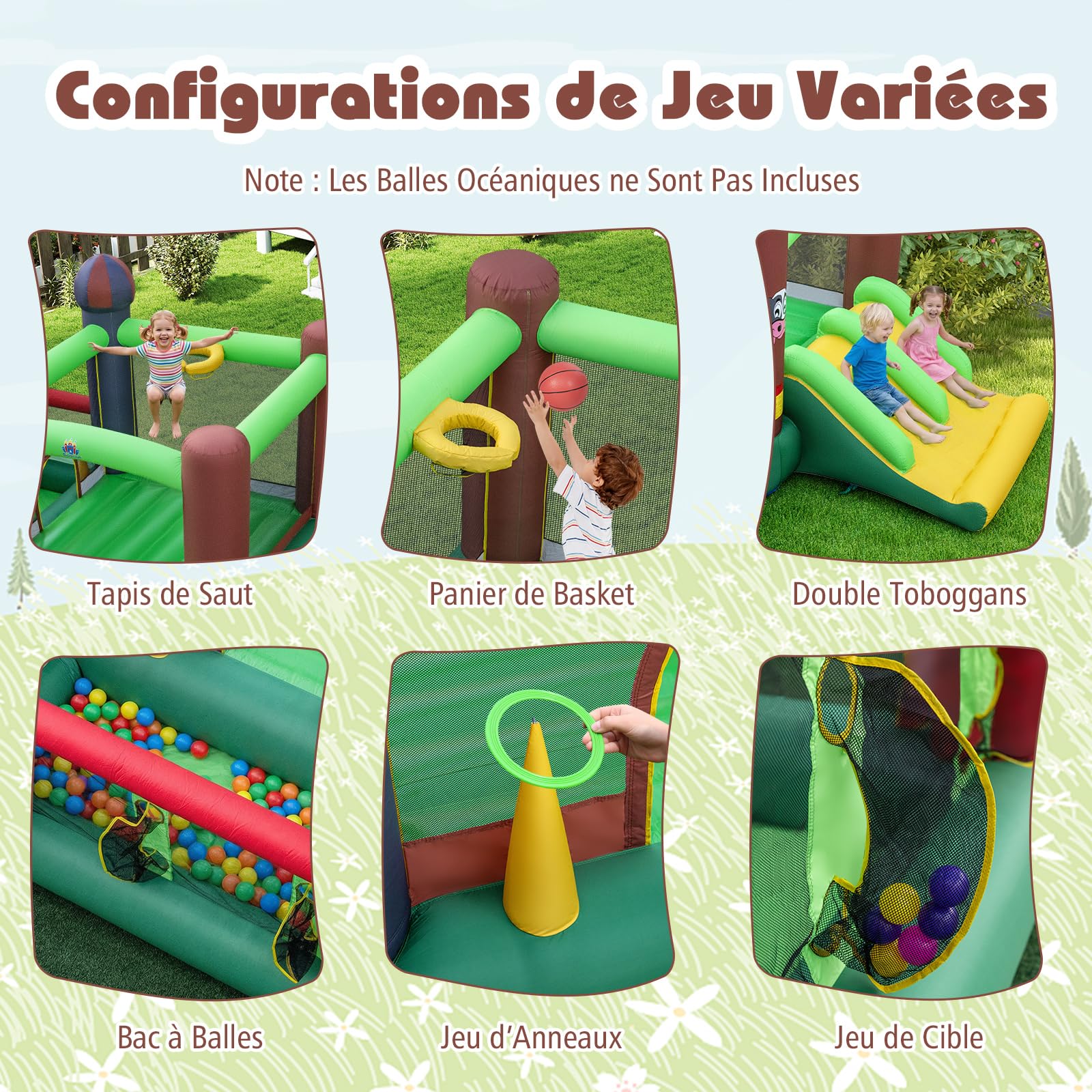 COSTWAY Château Gonflable avec Double Toboggans et Souffleur 680W, Aire de Jeux Gonflable avec Maison de Saut et Piscine à Balles, Panier de Basket, Jeu de Cibles, Intérieur Extérieur, 3-12 Ans