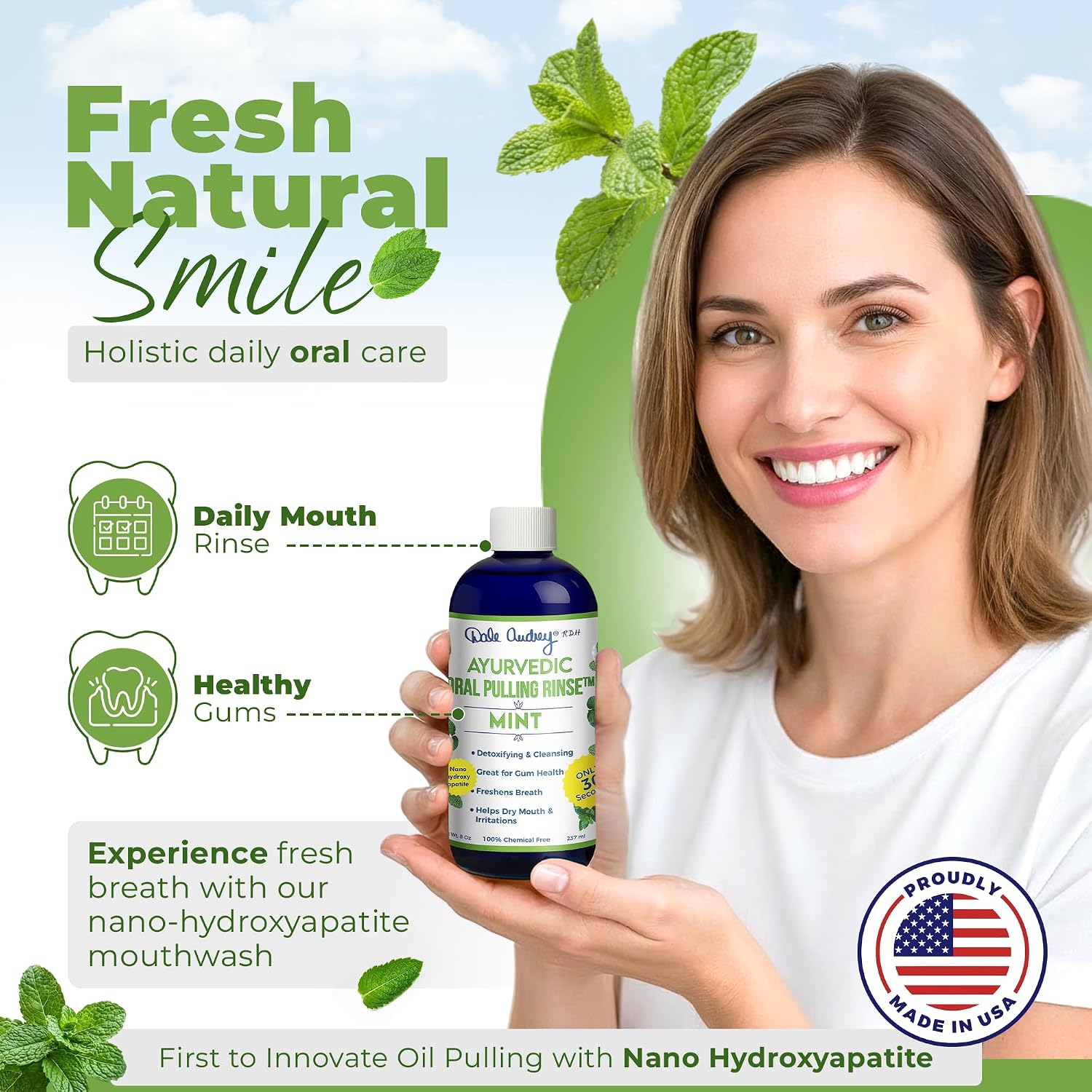 Dale Audrey Nano Hydroxyapatite Oil Pulling Mouthwash, Mint Oral Rinse with Essential Oils, 8 oz. image 2