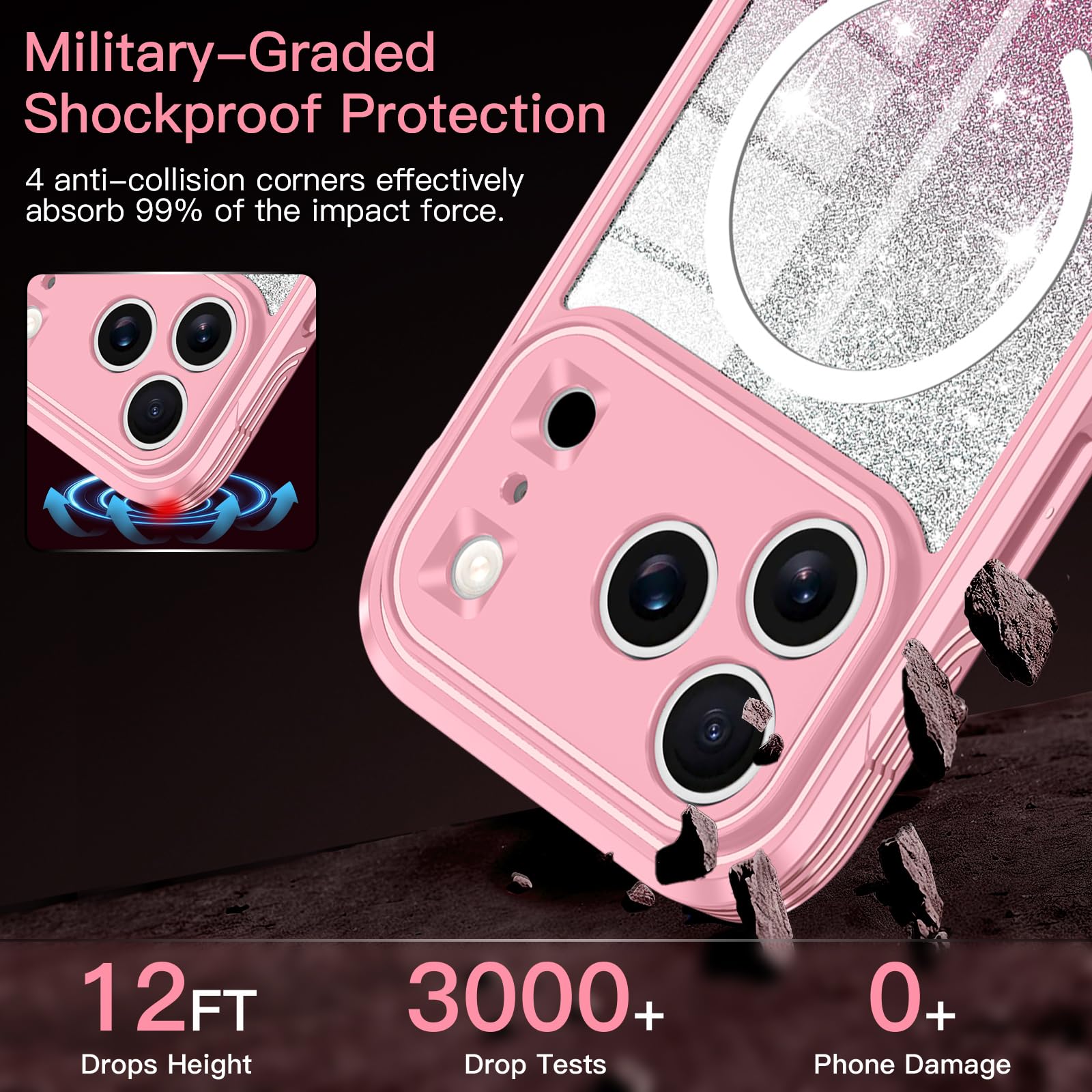 Casetego Custodia magnetica per iPhone 17 Pro, compatibile con MagSafe, protezione per lo schermo privacy integrata, sottile, glitterata, antiurto, custodia protettiva per iPhone 17 Pro, colore rosa